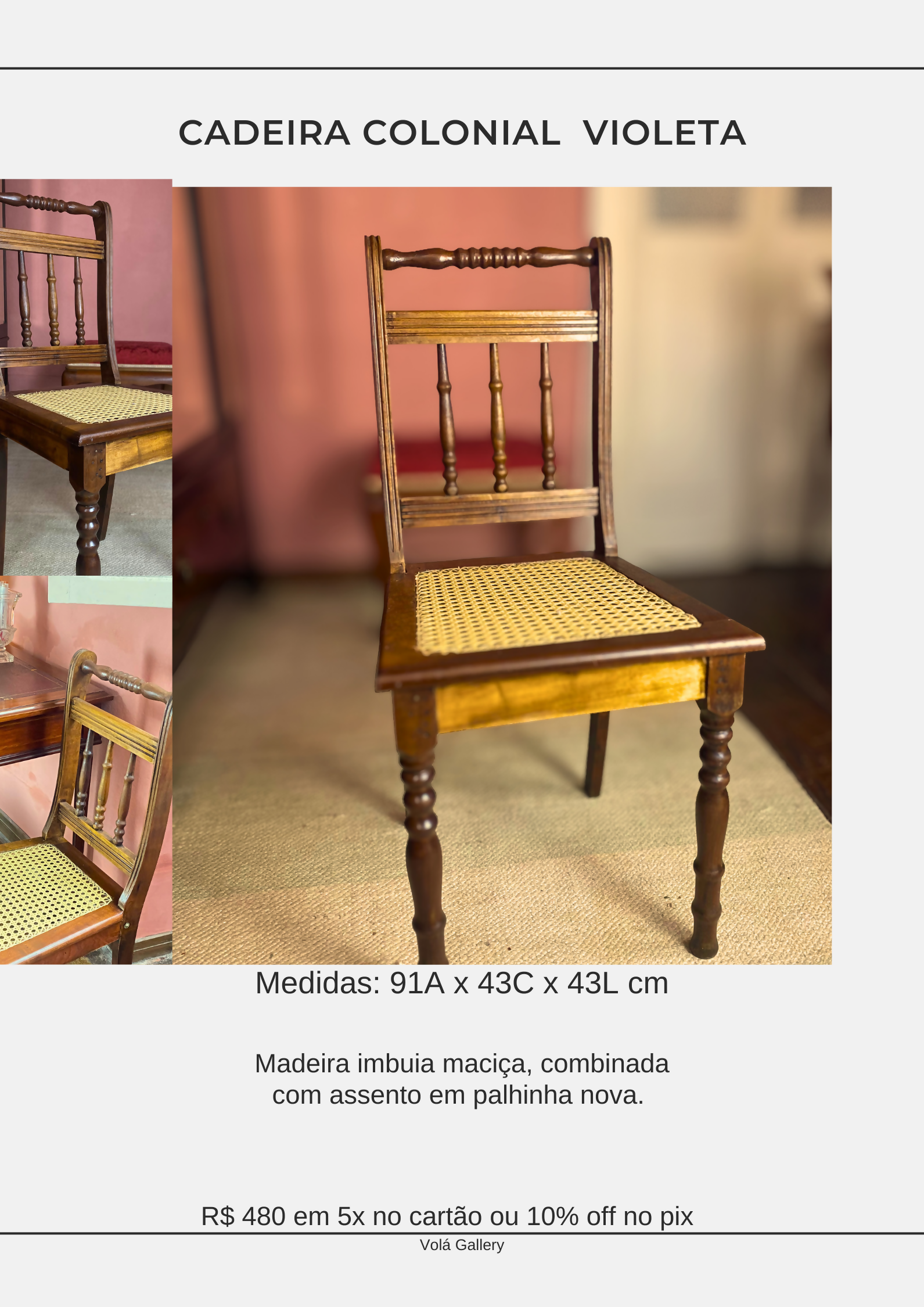 Cadeira colonial Violeta & viana com palhinha