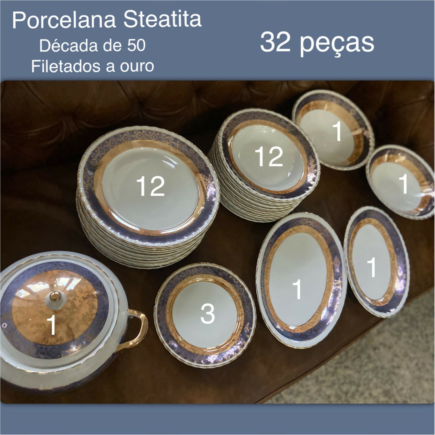Jogo de Porcelana Steati Anos 50 Filetado em Ouro