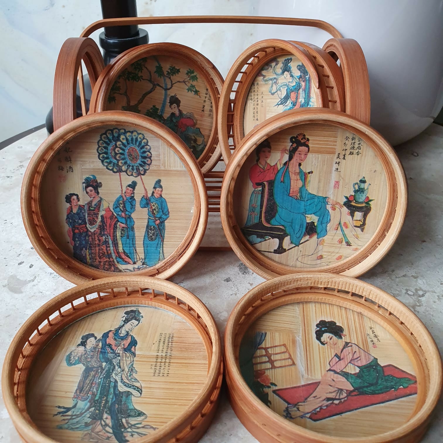Raro conjunto de porta copos em bambu em incrível trabalho artesanal japonês.