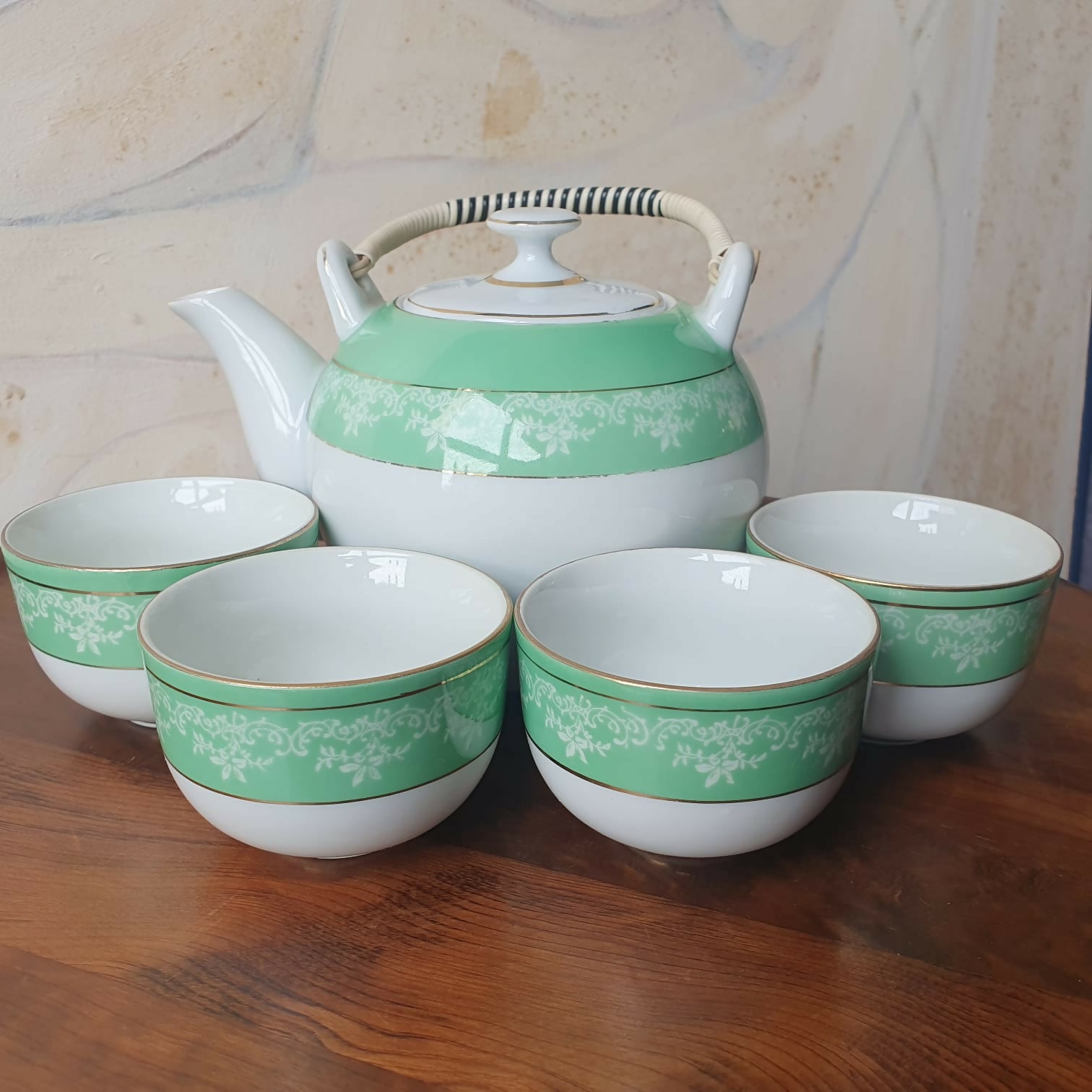 Conjunto de chá vintage porcelana Real, verde menta! Intacto.