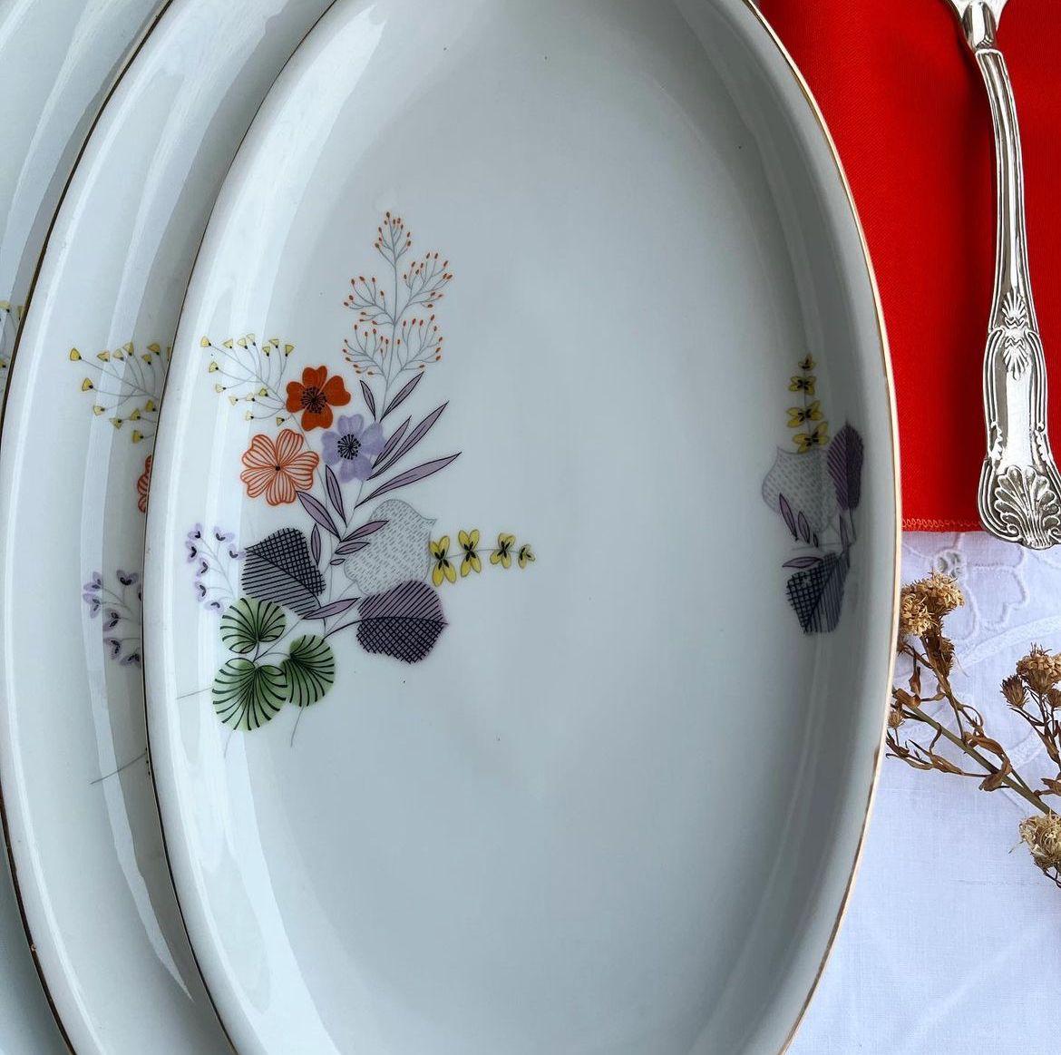 Trio de travessas ovais em porcelana com motivos florais – REAL SÃO PAULO