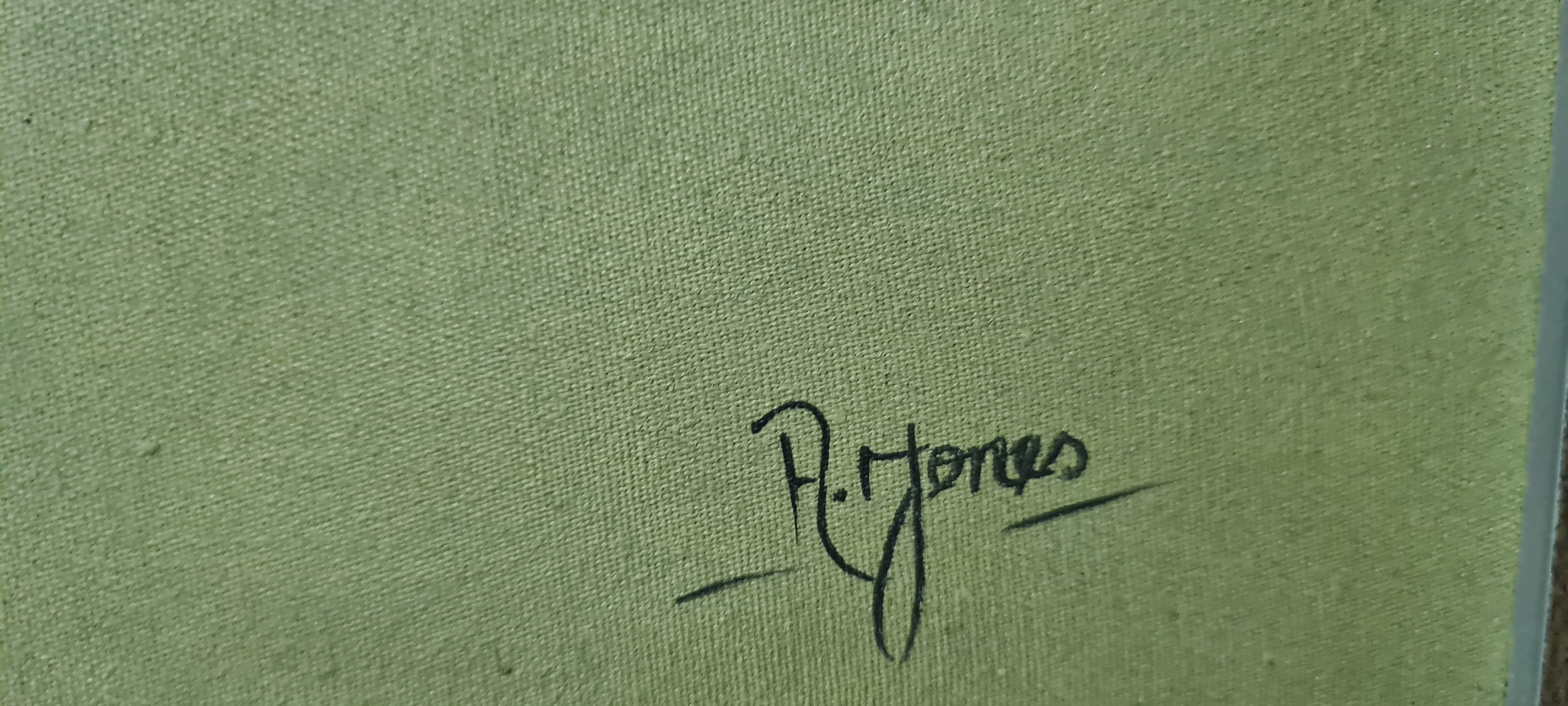 Quadro Óleo sobre Tela R. Jones – Pássaros Azuis e Moldura Bambu Vintage Impecável (52x42 cm)
