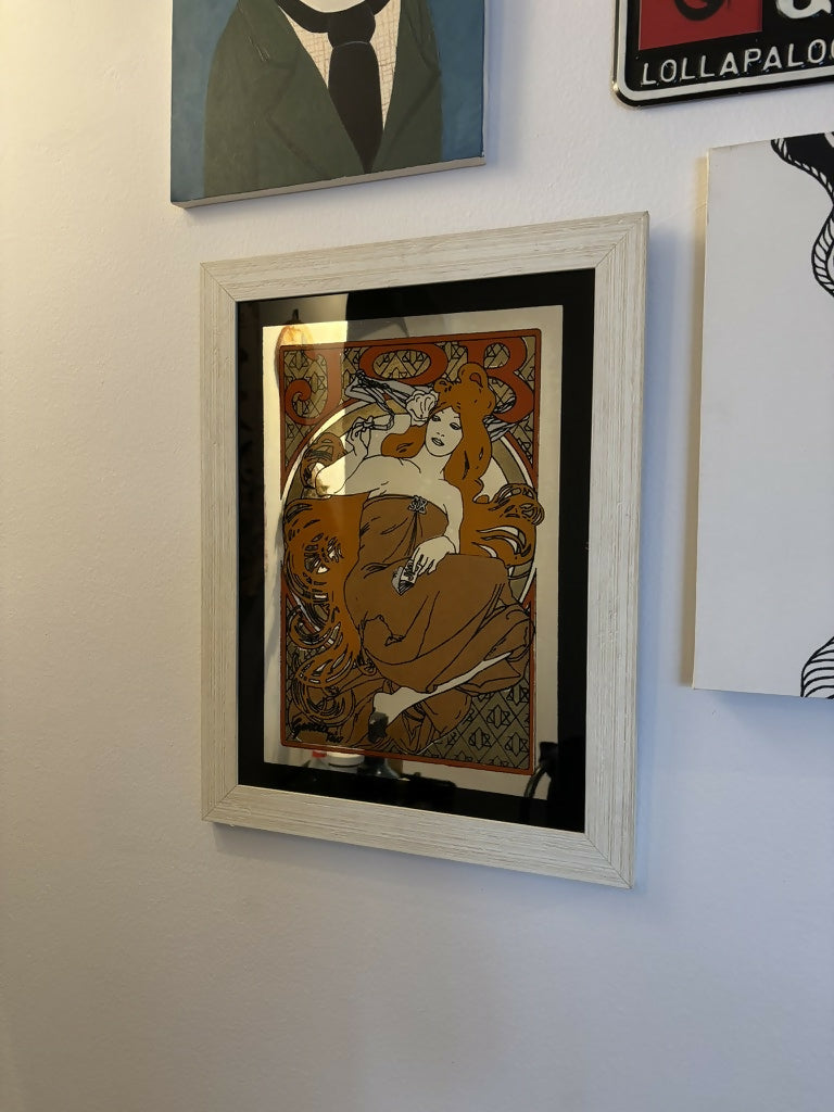 Quadro Espelhado com serigrafia da obra job, de Alphose Mucha