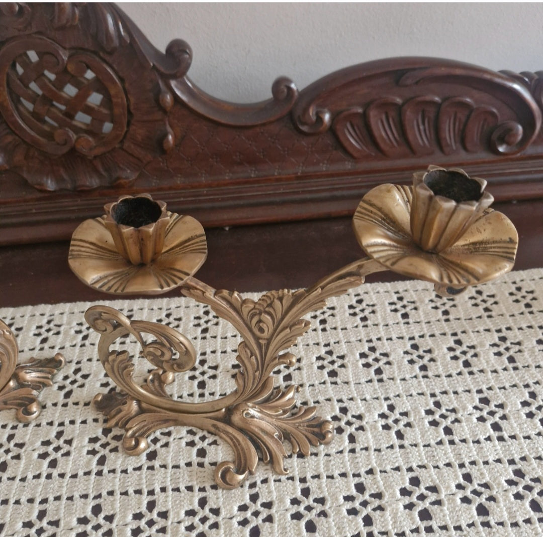 Par de castiçais / candelabros art nouveau em bronze dourado