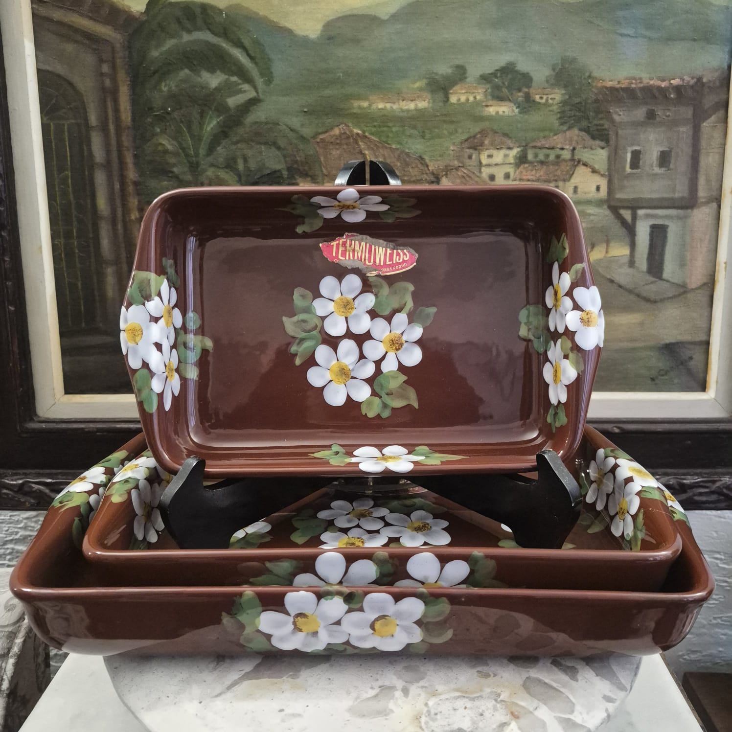 Conjunto de travessas refratárias em cerâmica vintage nacional Weiss, linha Thermoweiss. Lindas.  3 peças.