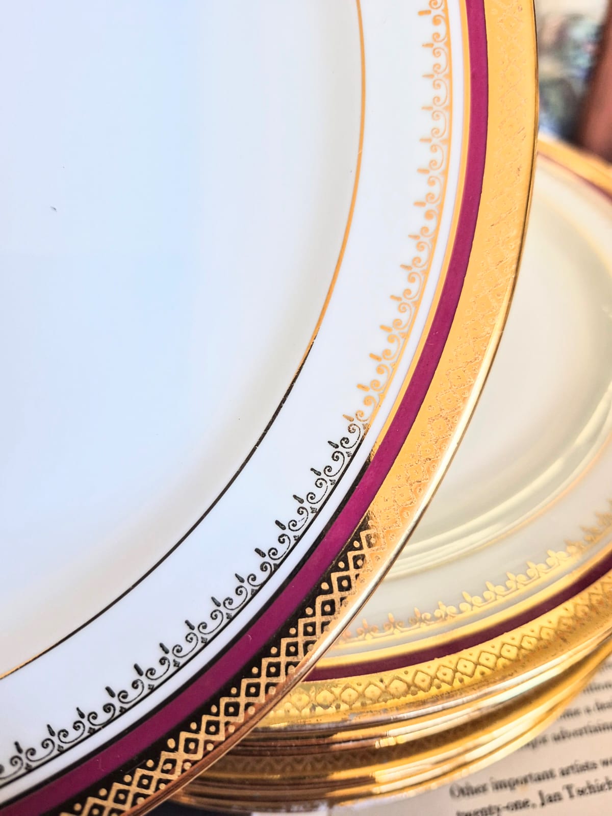 Conjunto de 8 pratos par almoço em porcelana vintage espetacular francesa Limoges Unic, anos 50, com linda e intacta faixa em ouro 24k incrustado. 