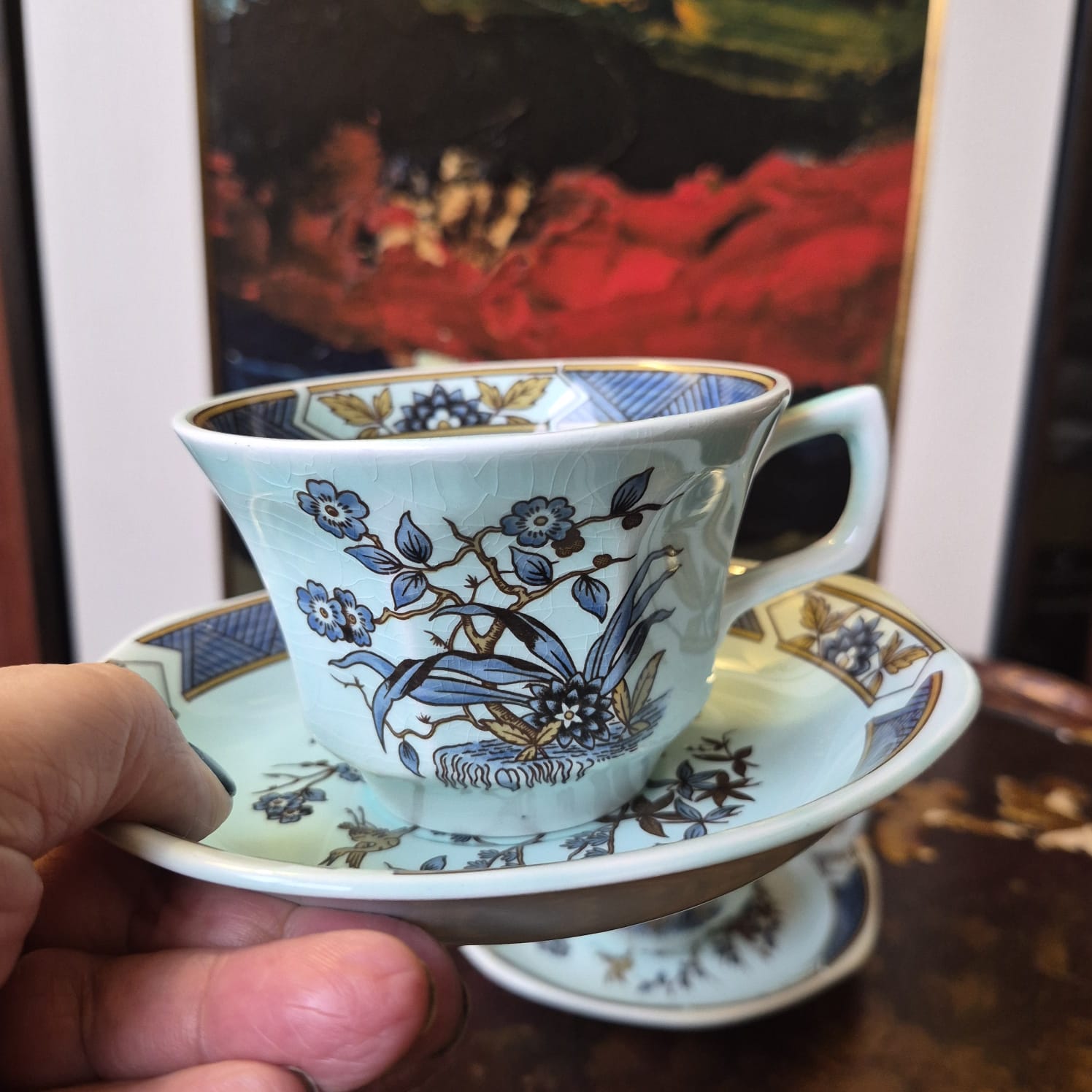 Par de xícaras lindas em faiança ironstone vintage inglesa Adams (grupo Wedgwood). Linha Calyx Ware com o famoso padrão Ming Toi