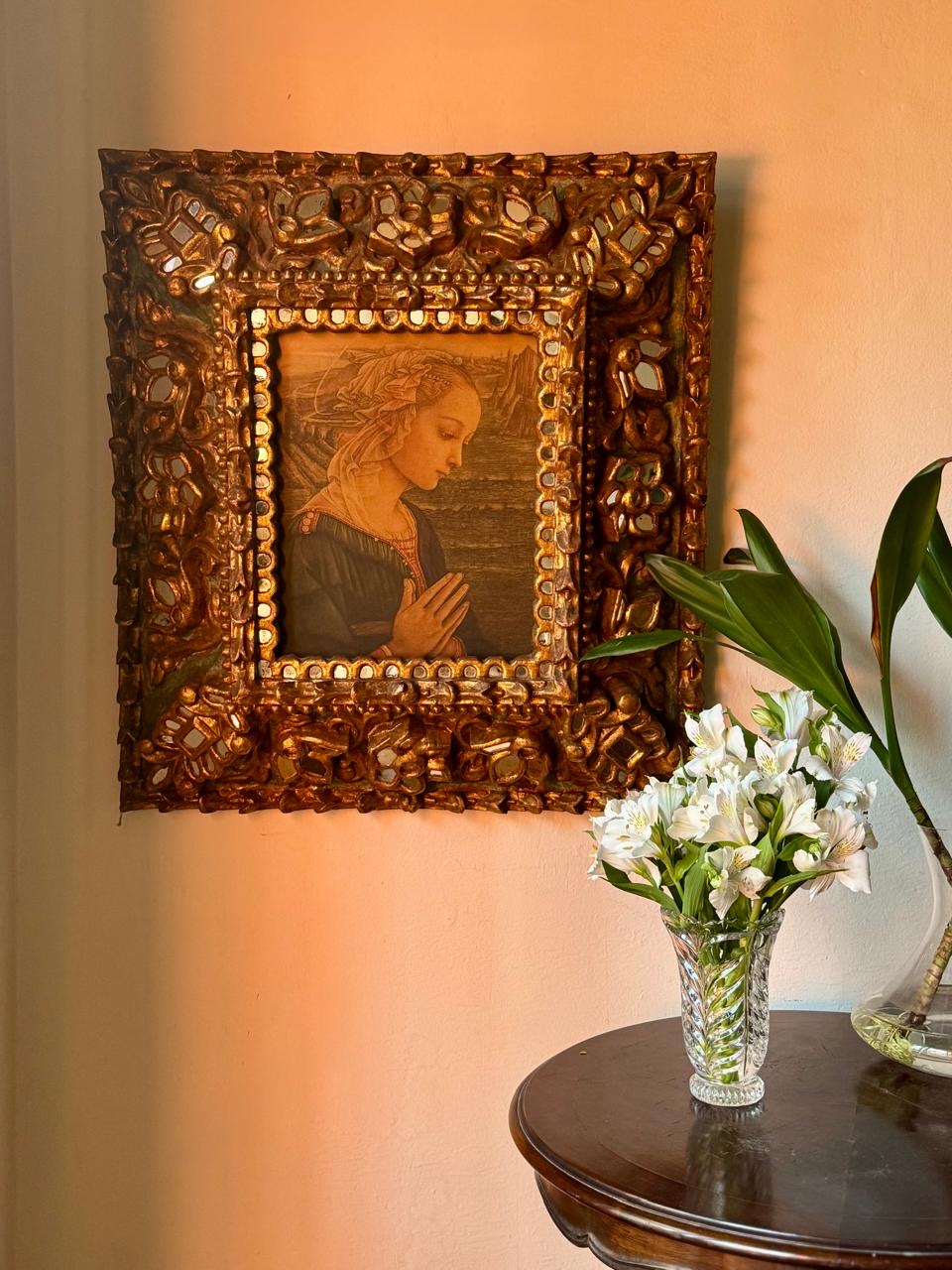 Quadro com Moldura Cusquenha e Gravura de uma Madona italiana