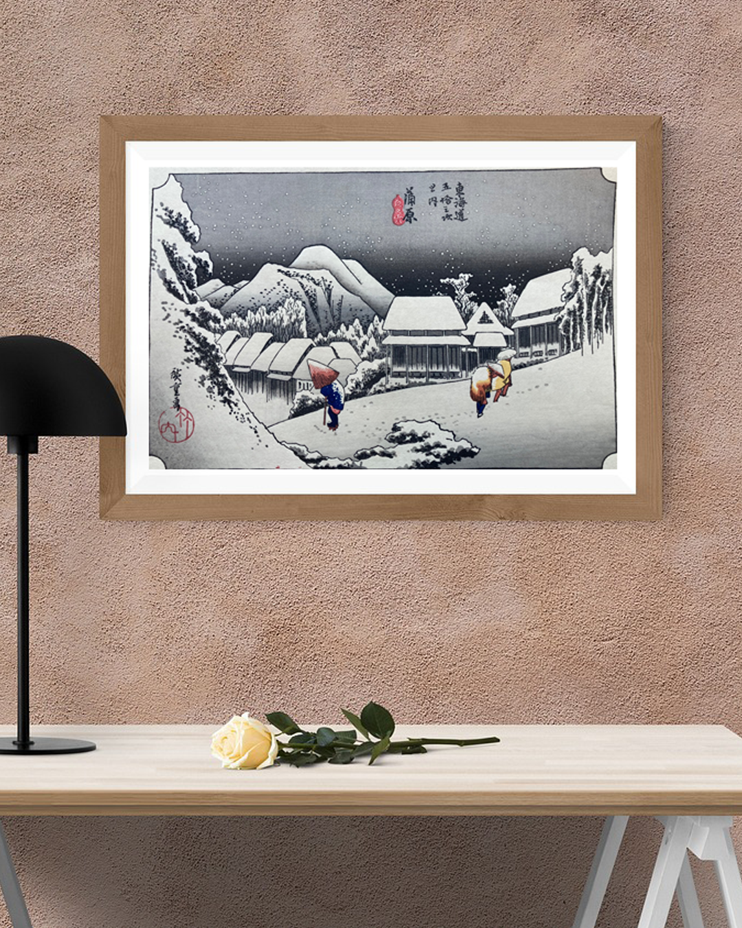 Xilogravura japonesa (Ukiyo-e) de Utagawa Hiroshige "Noite de Neve em Kambara" - Autêntica