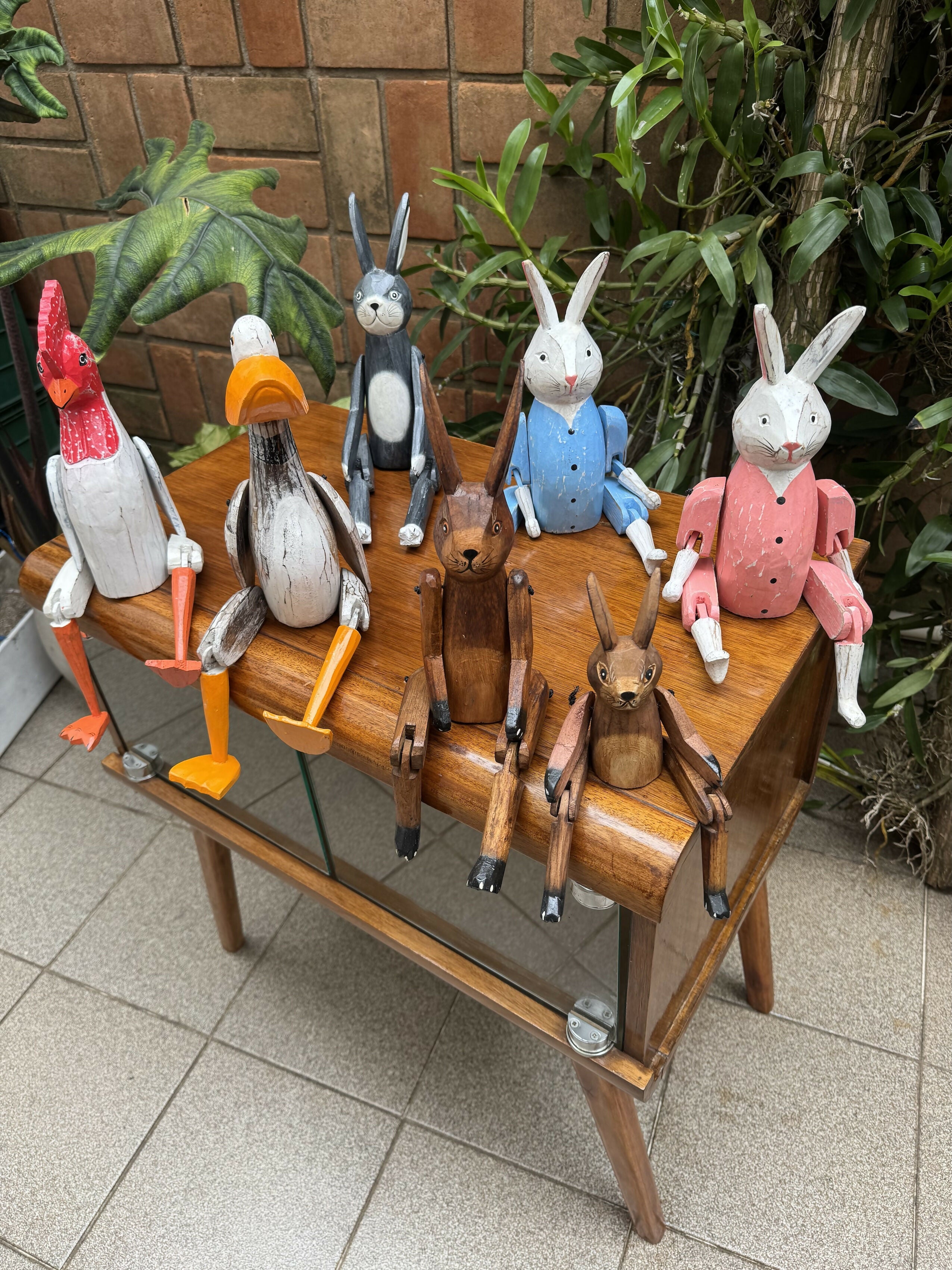 BICHOS esculpidos em madeira maciça, coruja, coelhos e pato articulados