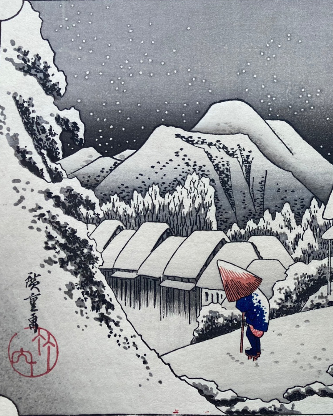 Xilogravura japonesa (Ukiyo-e) de Utagawa Hiroshige "Noite de Neve em Kambara" - Autêntica