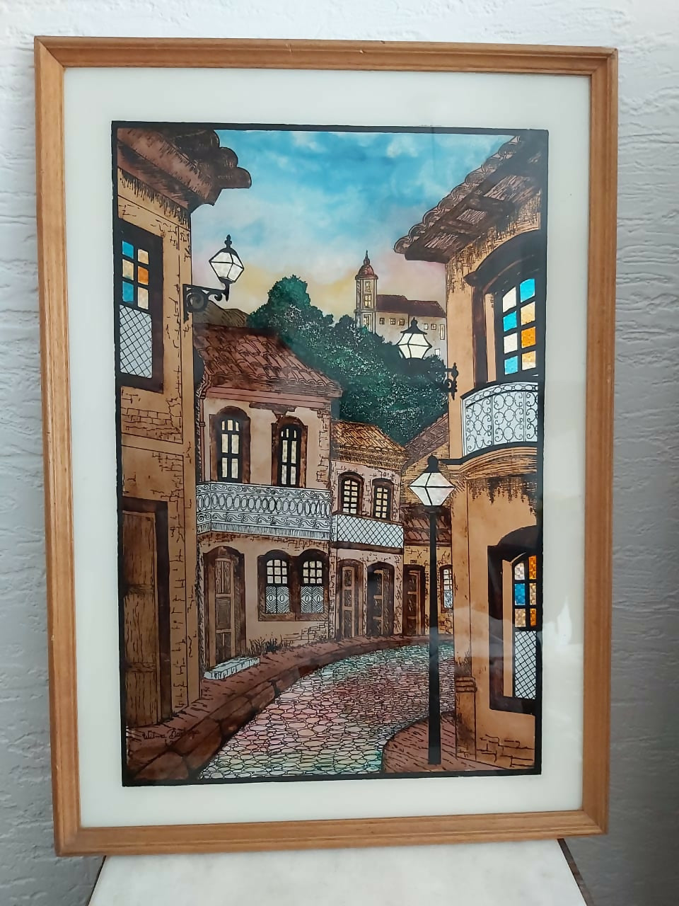 Quadro com pintura casario em espelho, anos 80.