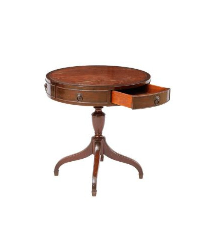 Mesa lateral vintage redonda em mogno com puxador de leão e argola em bronze