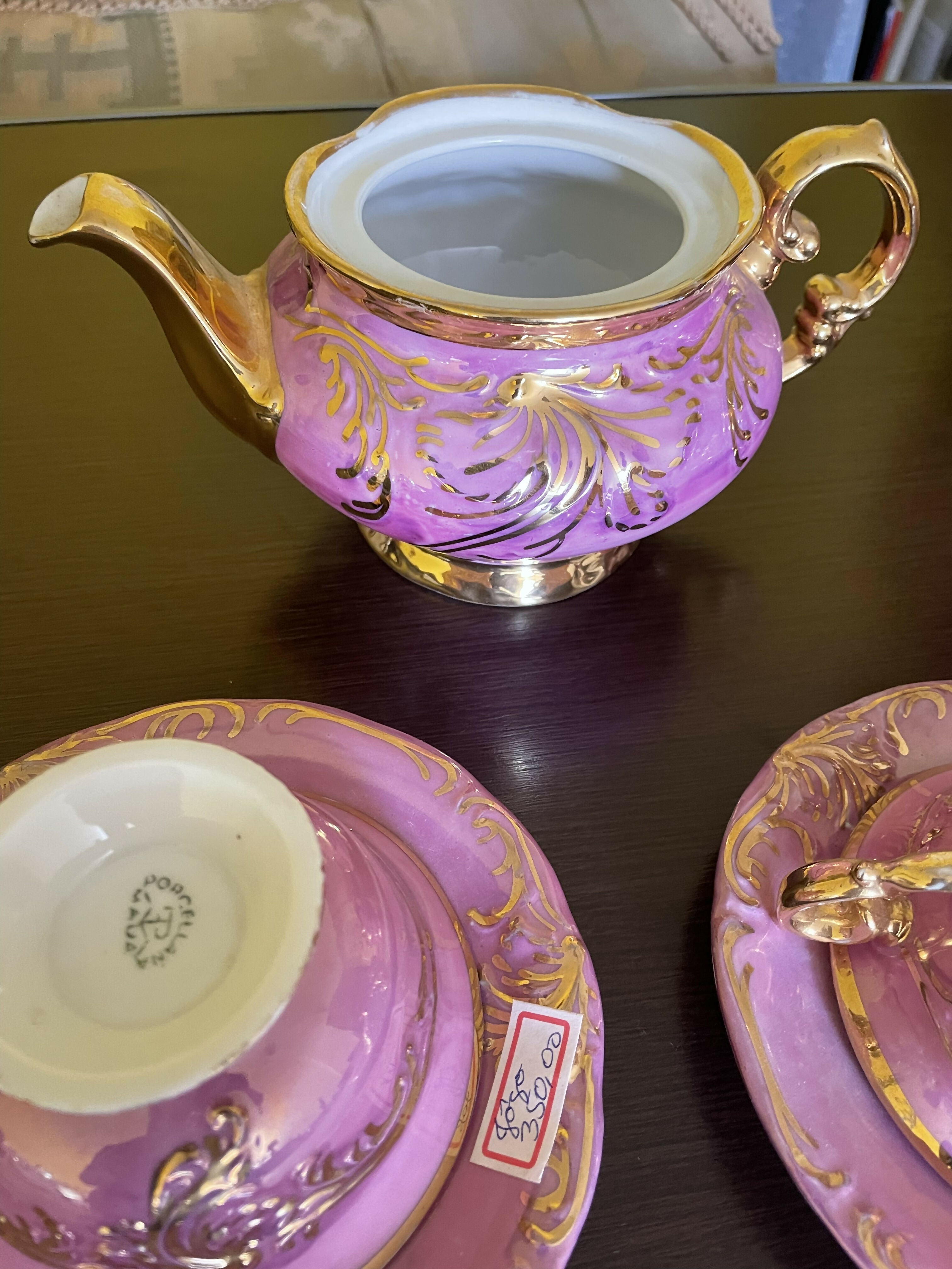 Jogo de chá antigo rosa com dourado