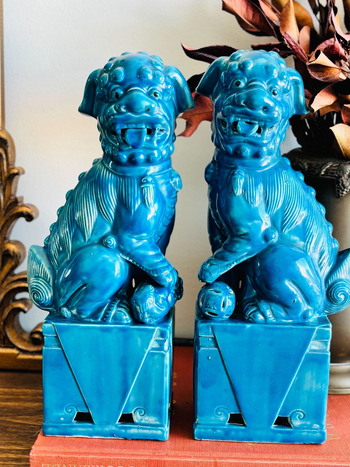 Par de Cães de Fó em porcelana Bleu de Chine