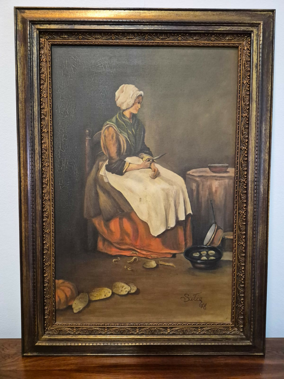 Quadro com pintura óleo sobre tela, representando cena doméstica de época de Satie. Lindo e em excelente estado de conservação!