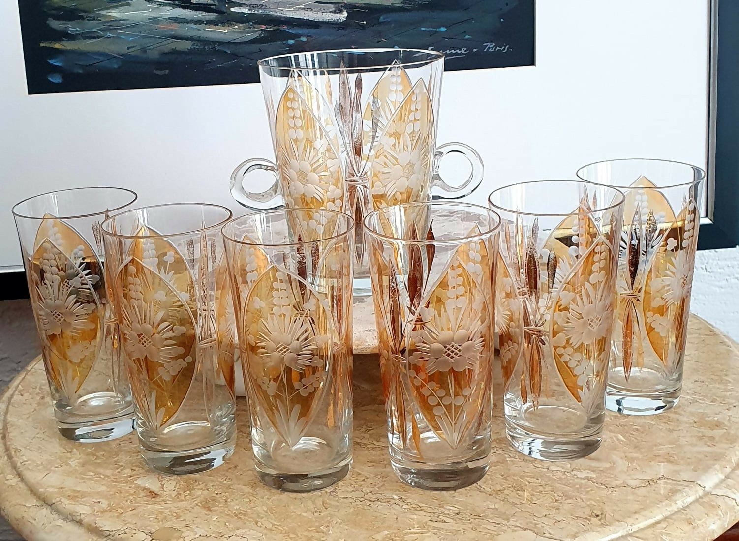 Maravilhoso conjunto vintage com 7 peças em demi cristal lapidado translúcido/âmbar. Incrível, anos 50/60, raro encontrar neste estado!