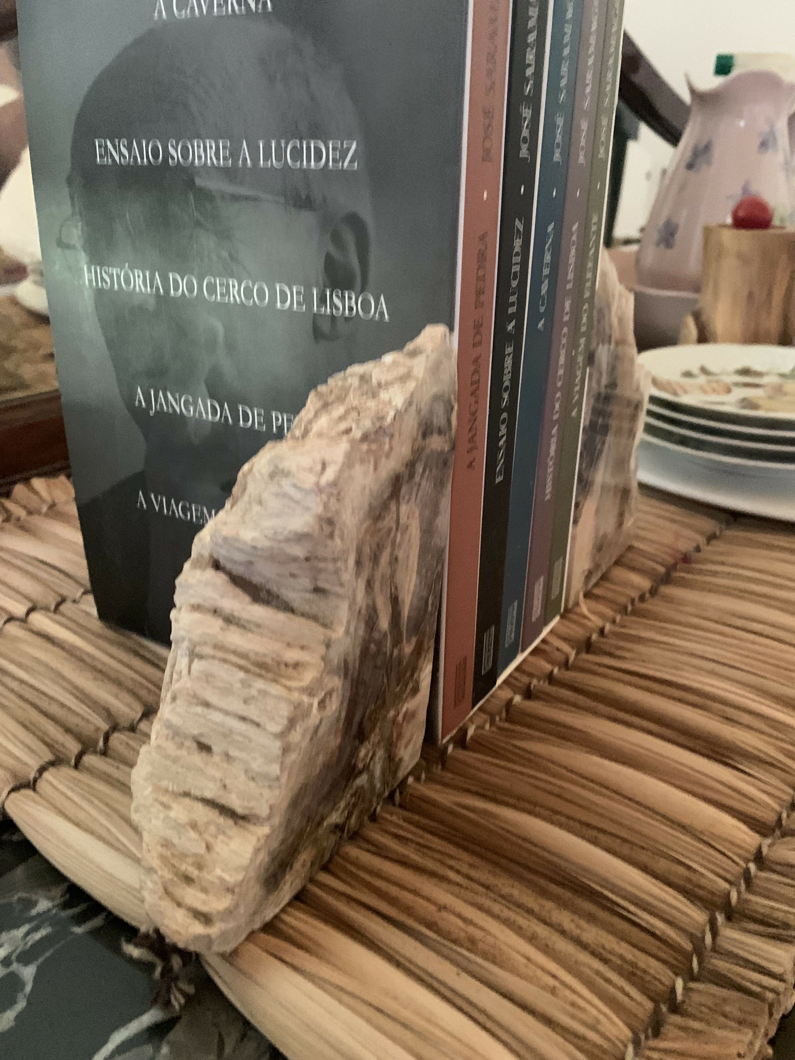 Apoio para livros, aparador de livros em madeira petrificada