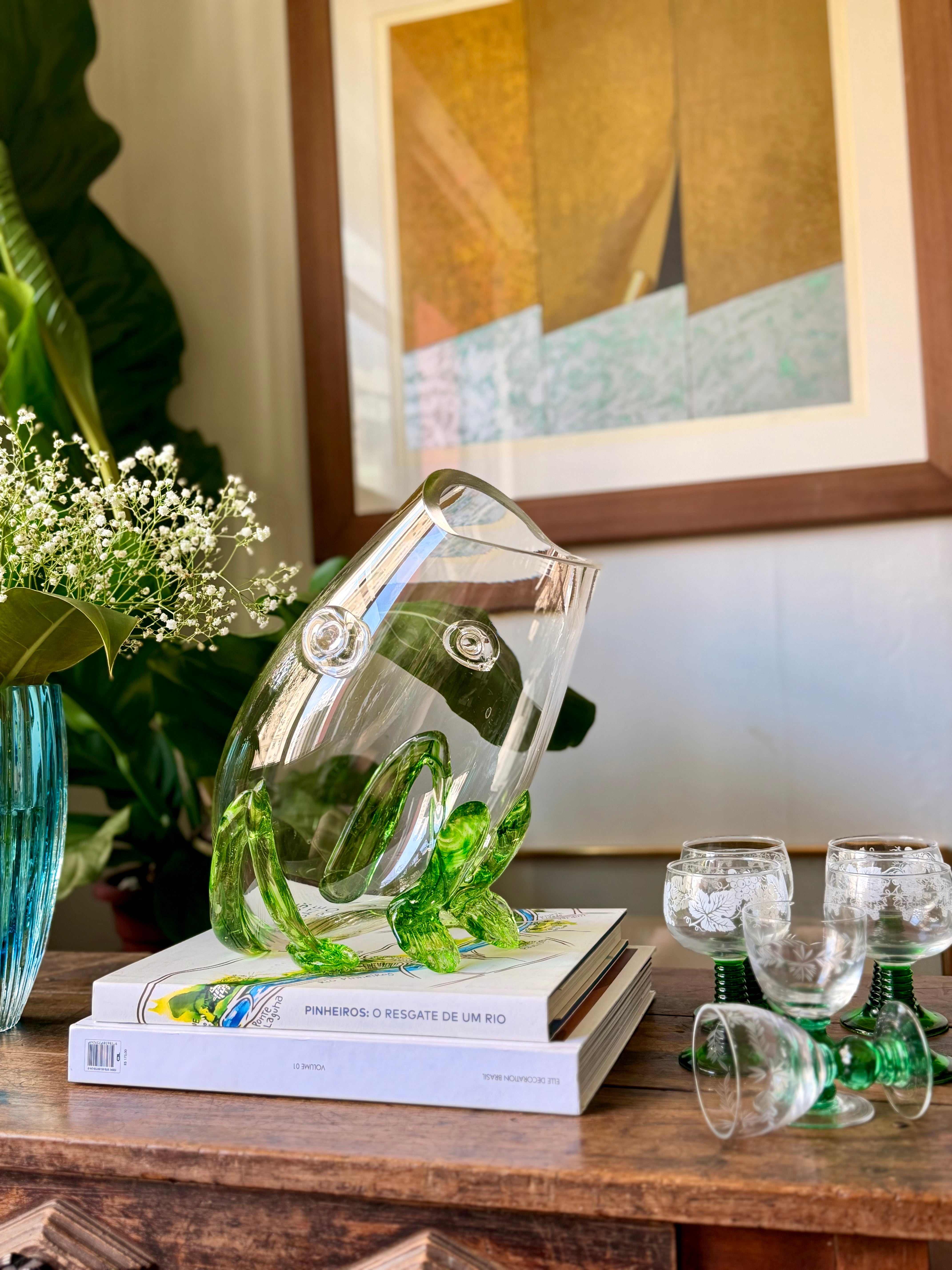Champanheira vintage da Blenko Glass Company, em vidro artístico soprado, com design escultural representando um sapo e detalhes em verde