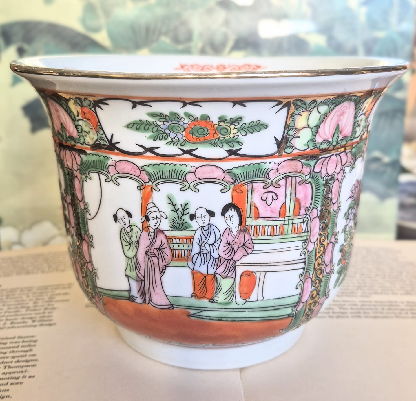 Cachepot estilo aquário em porcelana vintage chinesa Família Rosa - Rose Medallion. 
