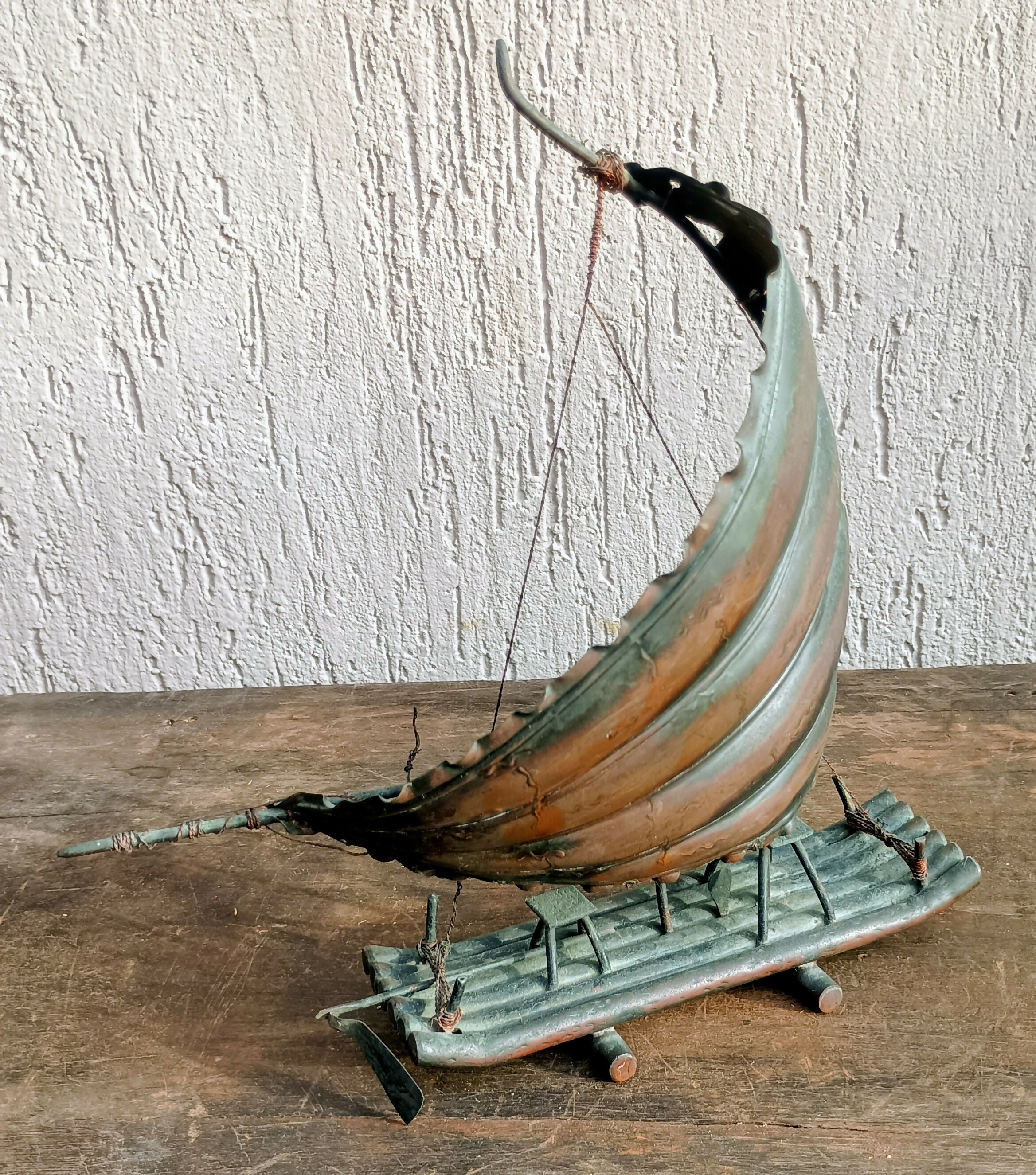 Escultura Antiga Barco Oriental em Bronze / Liga de Cobre – Junco Chinês