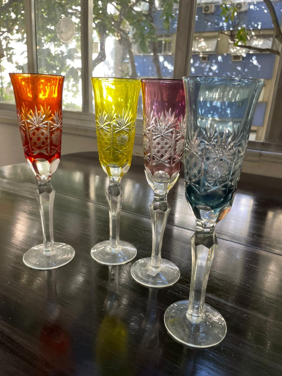 4 taças flutes para champanhe em cristal double colorido 