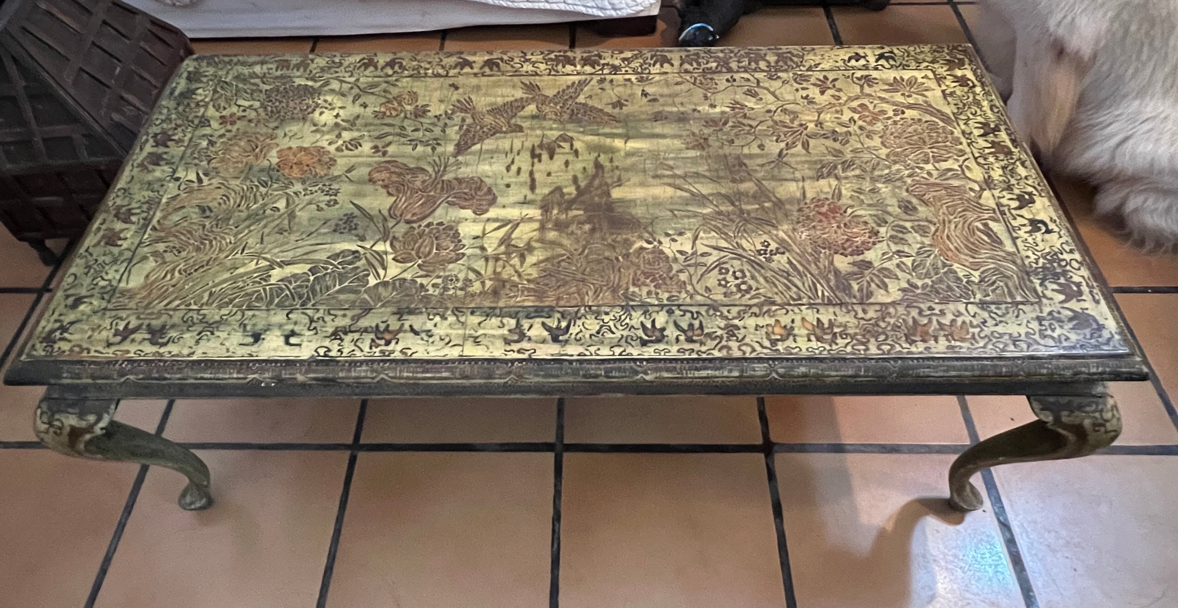 Mesa de Centro Retangular Antiga Oriental Estilo Chinoiserie com flores e pássaros 