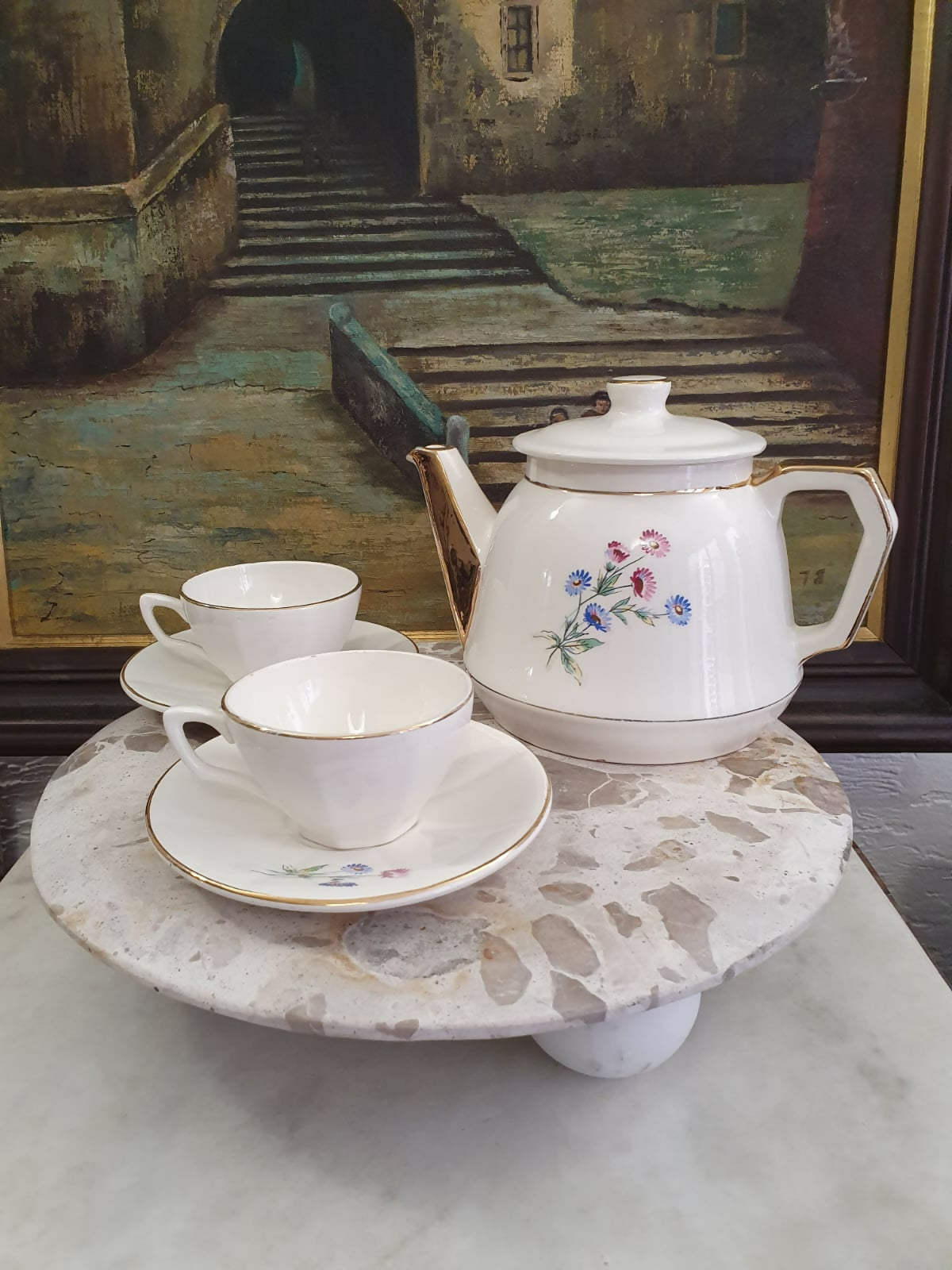 Conjunto antigo, raríssimo, em faiança francesa Digoin Sarreguemines, para café. Modelo Christine. Maravilhoso! Para colecionador de antiguidades europeias.