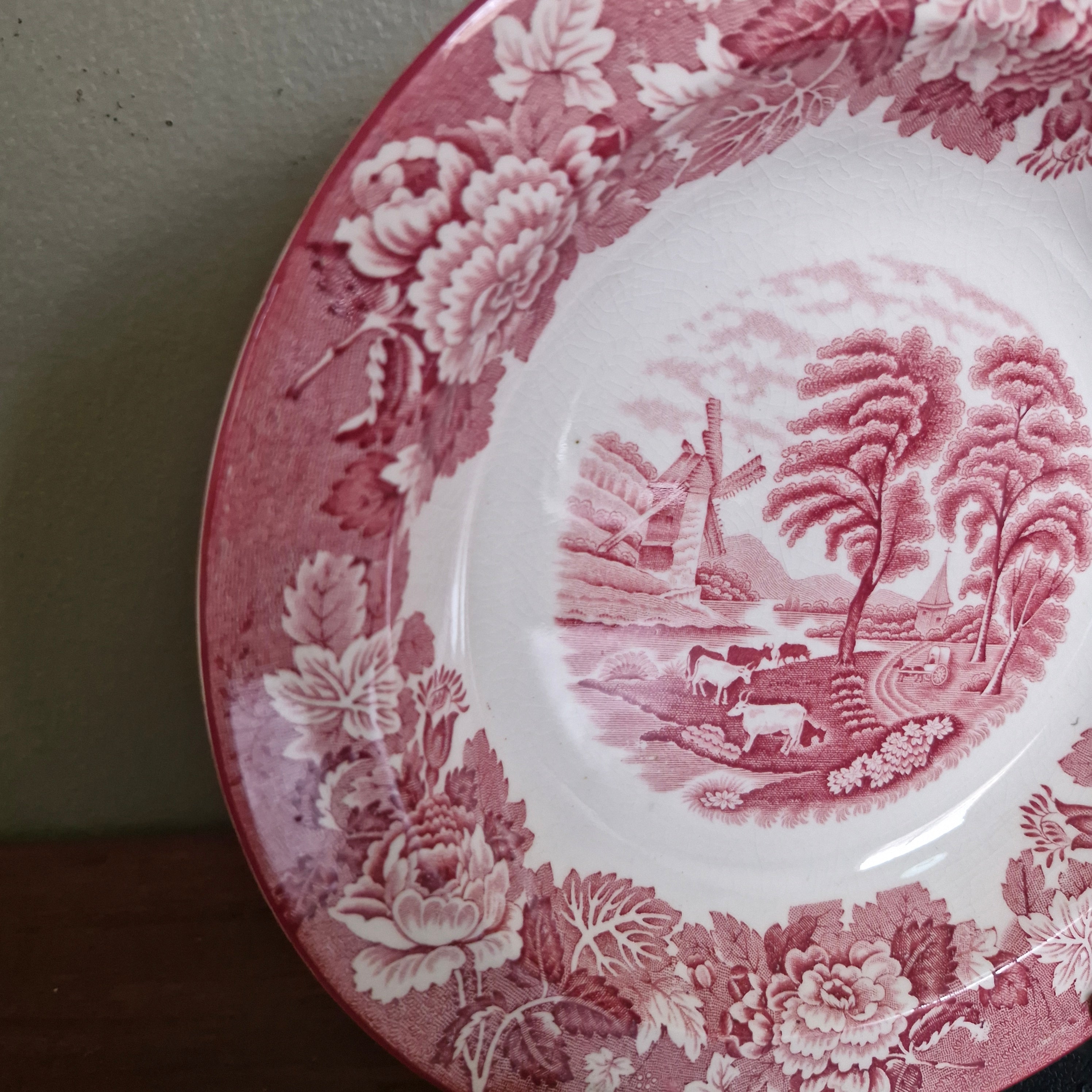 Prato Porcelana Inglesa com decoração campestre em vermelho 