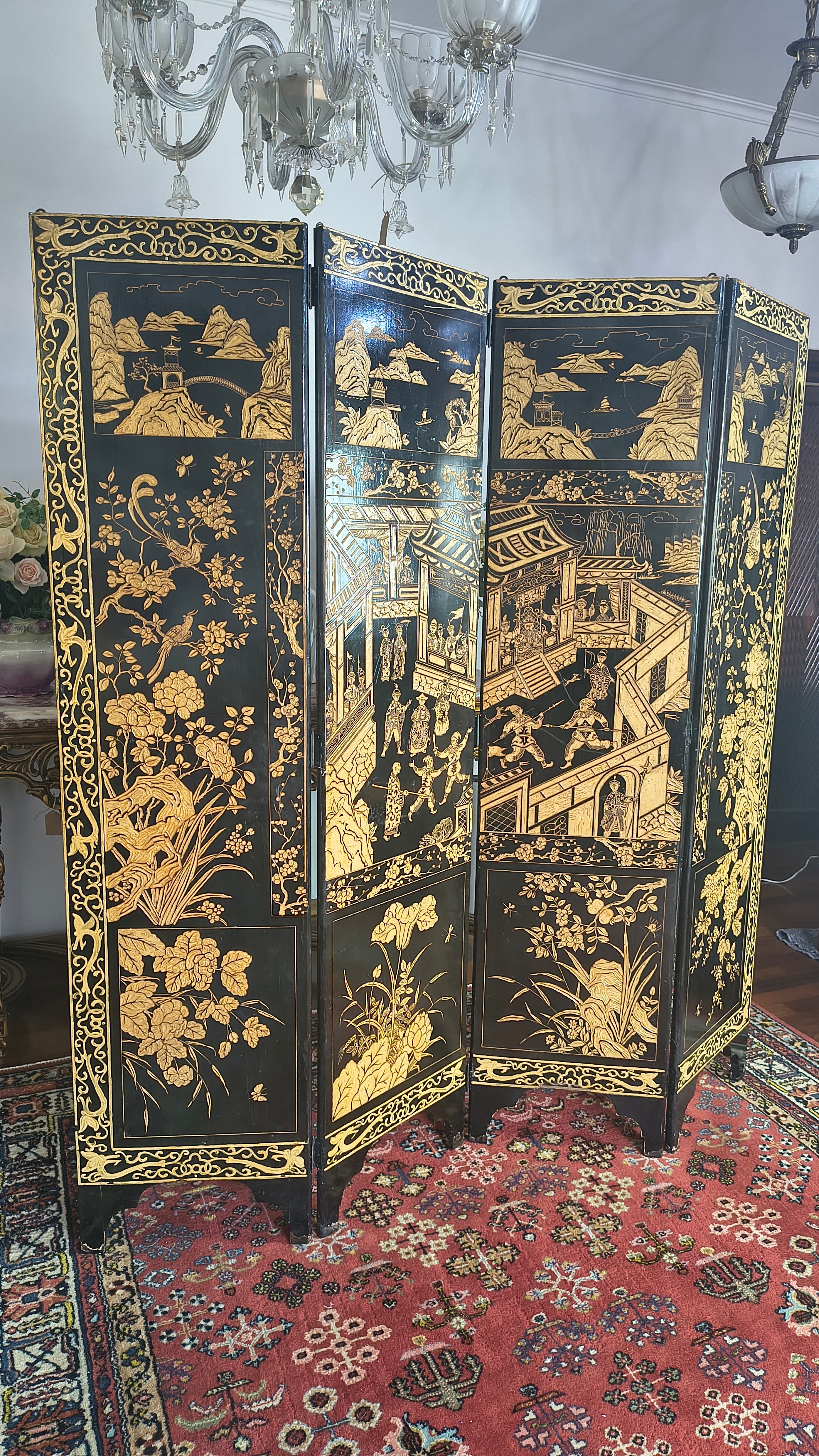 Biombo antigo Chinoiserie em laca negra 