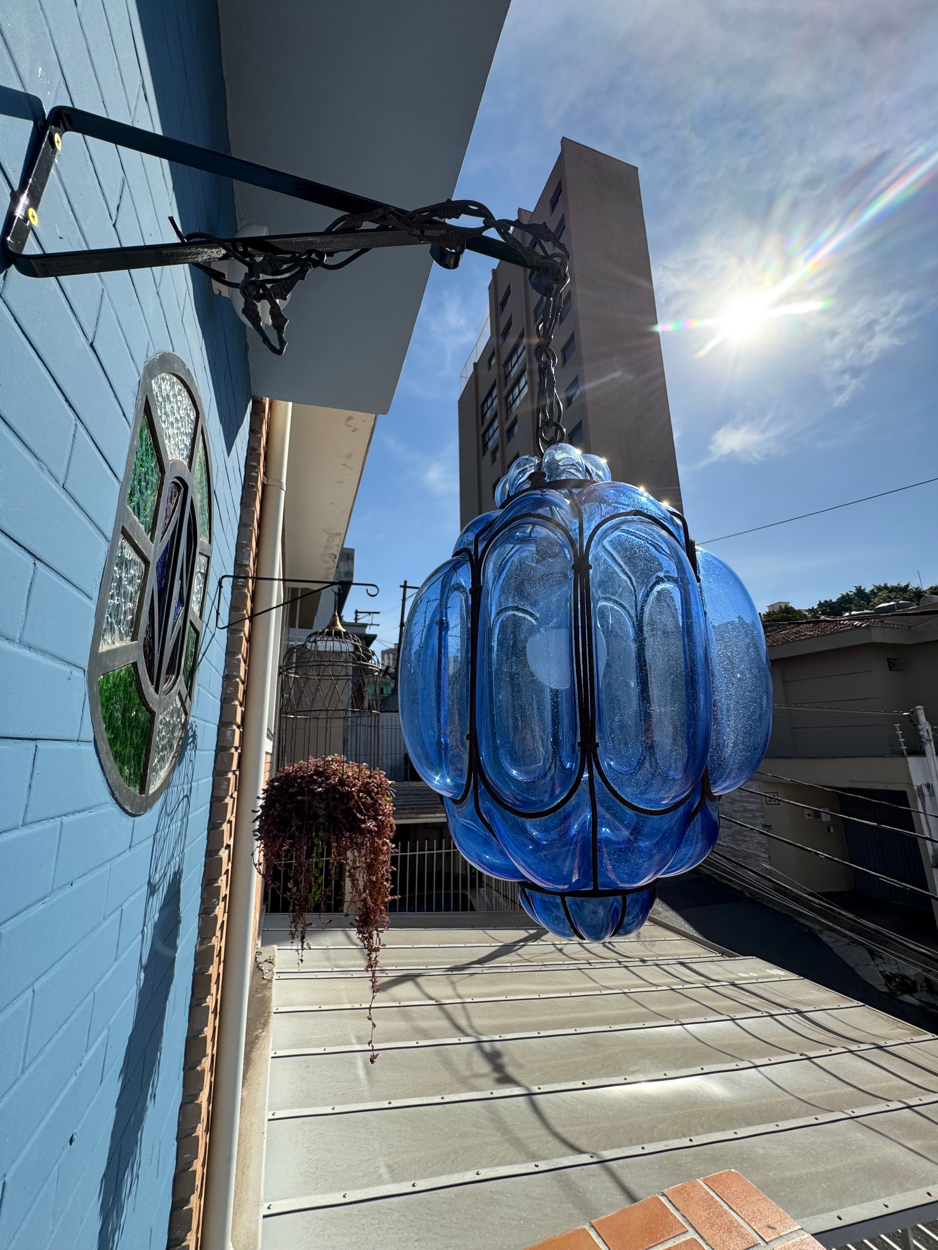 Grande Lustre Luminária Pendente Bombê Vidro Soprado Azul