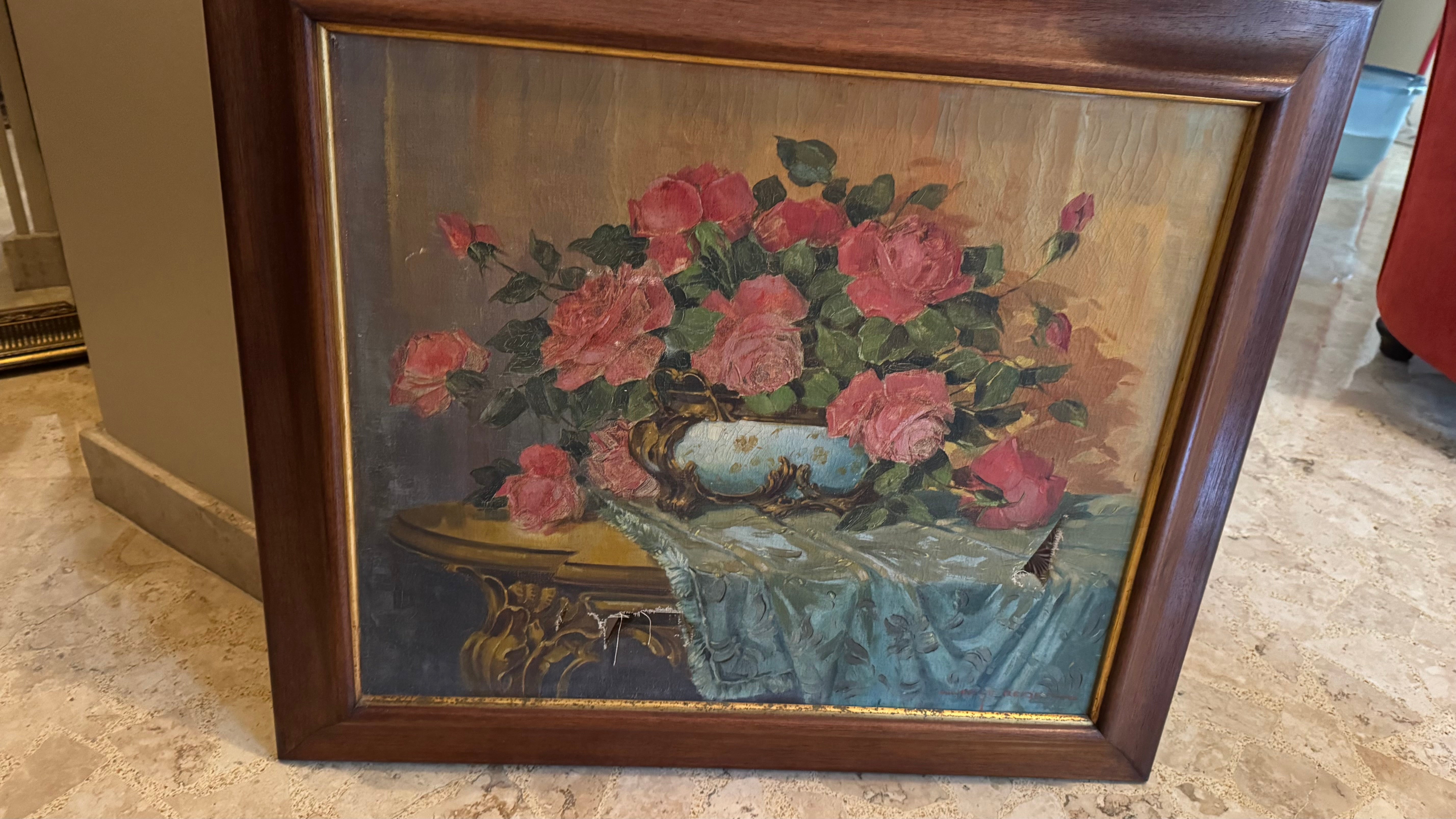 Quadro Natureza Morta mesa com flores/rosas vermelhas - G. Reider