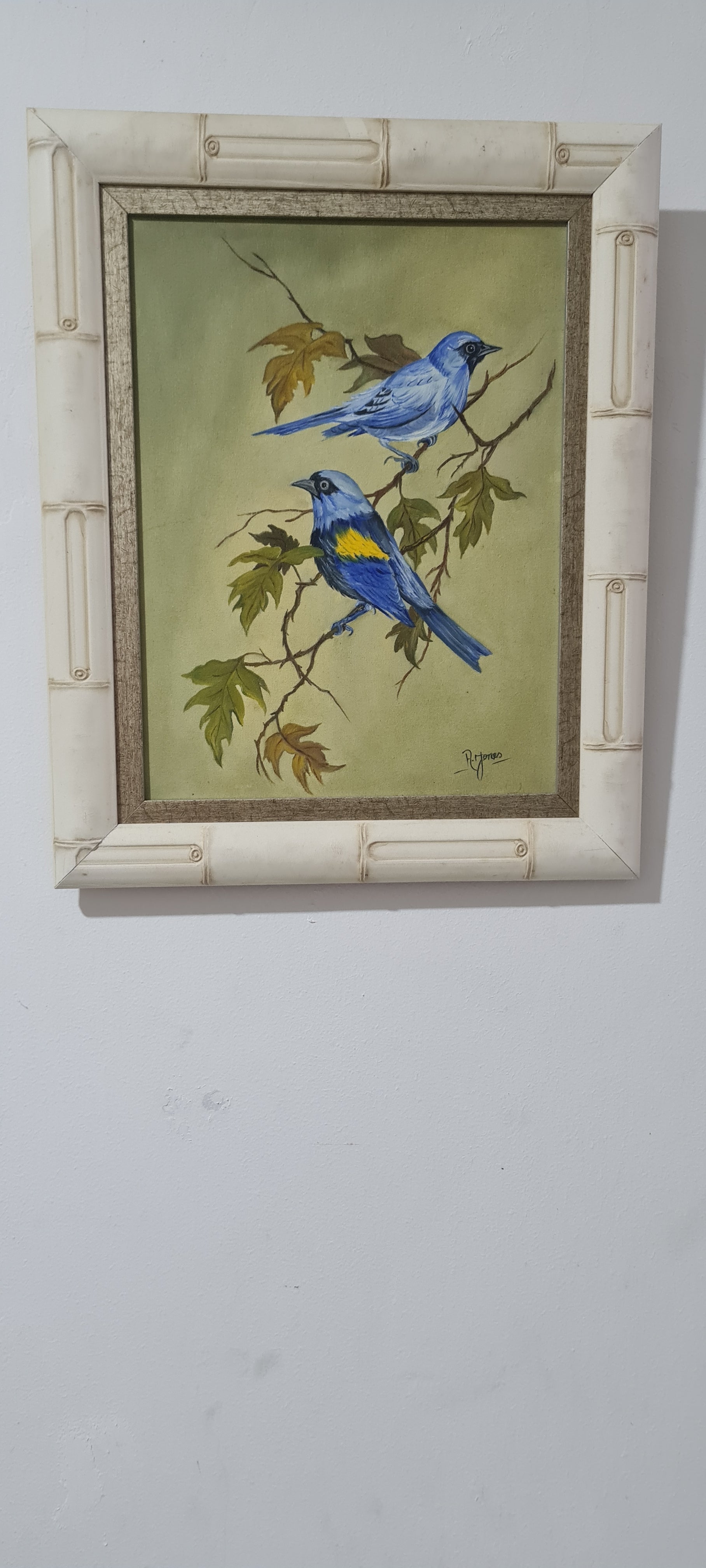 Quadro Óleo sobre Tela R. Jones – Pássaros Azuis e Moldura Bambu Vintage Impecável (52x42 cm)(FRETE GRÁTIS)