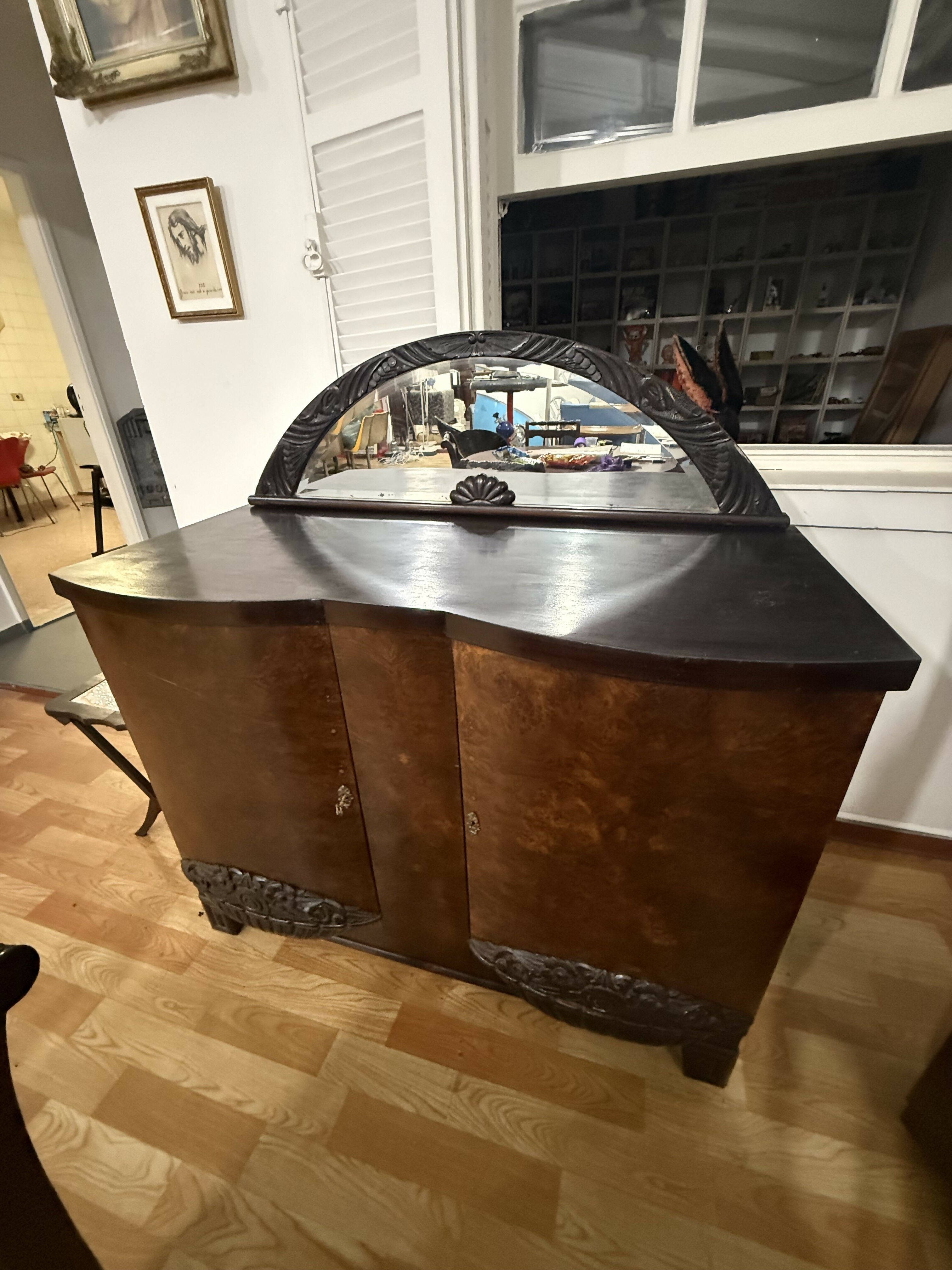 Buffet Art Déco Antigo em Madeira Maciça de Imbuia com Espelho Original