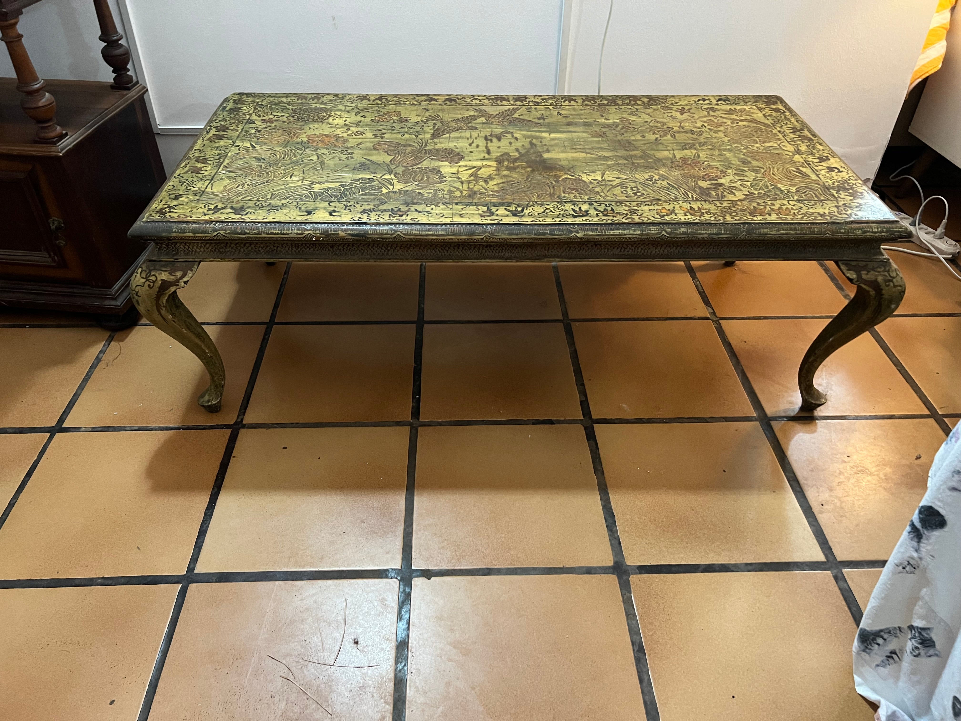 Mesa de Centro Retangular Antiga Oriental Estilo Chinoiserie com flores e pássaros 