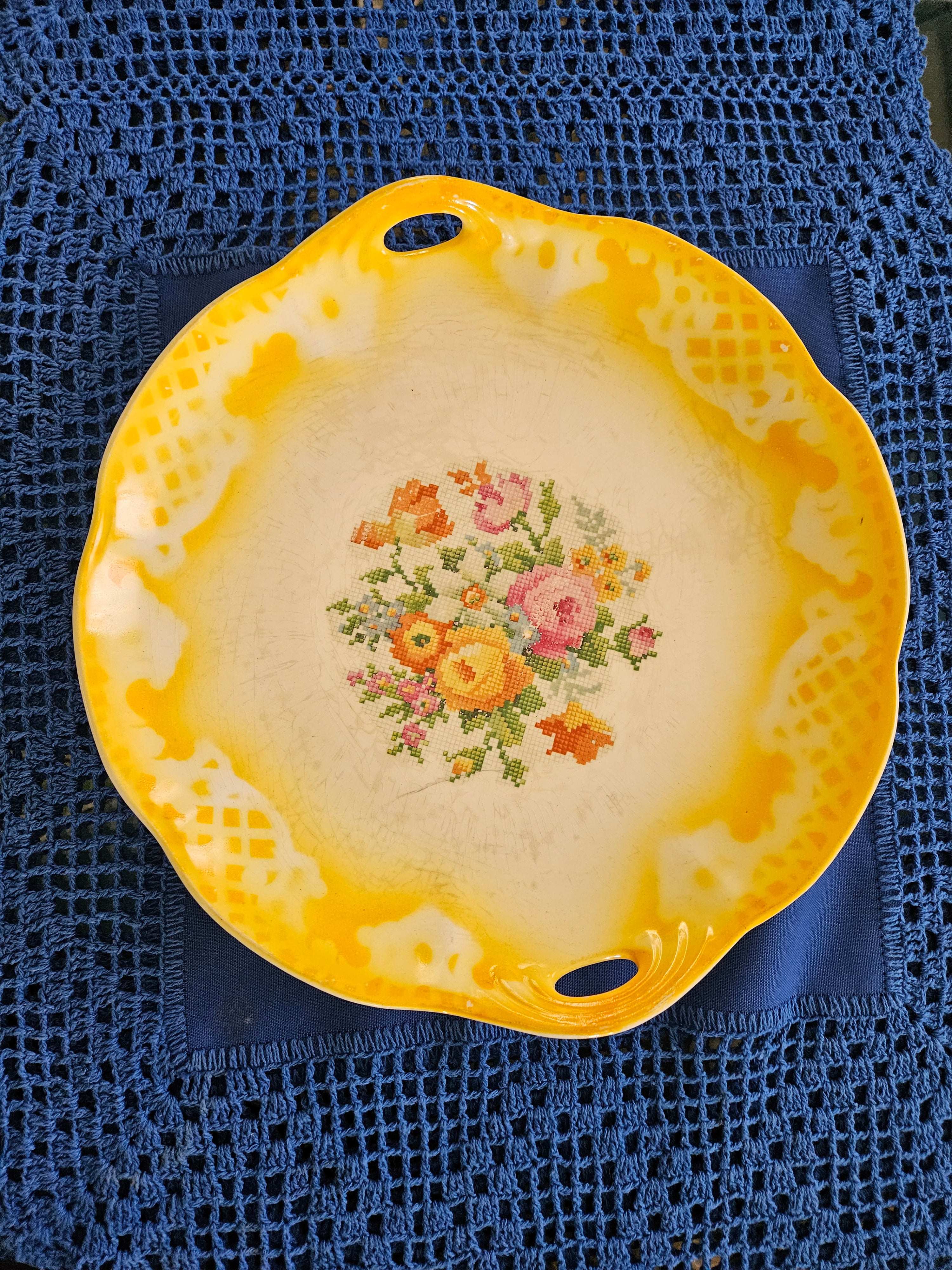 Travessa/Boleira Floral Amarelo Porcelana São Caetano (Anos 40/50) - Uso Decorativo