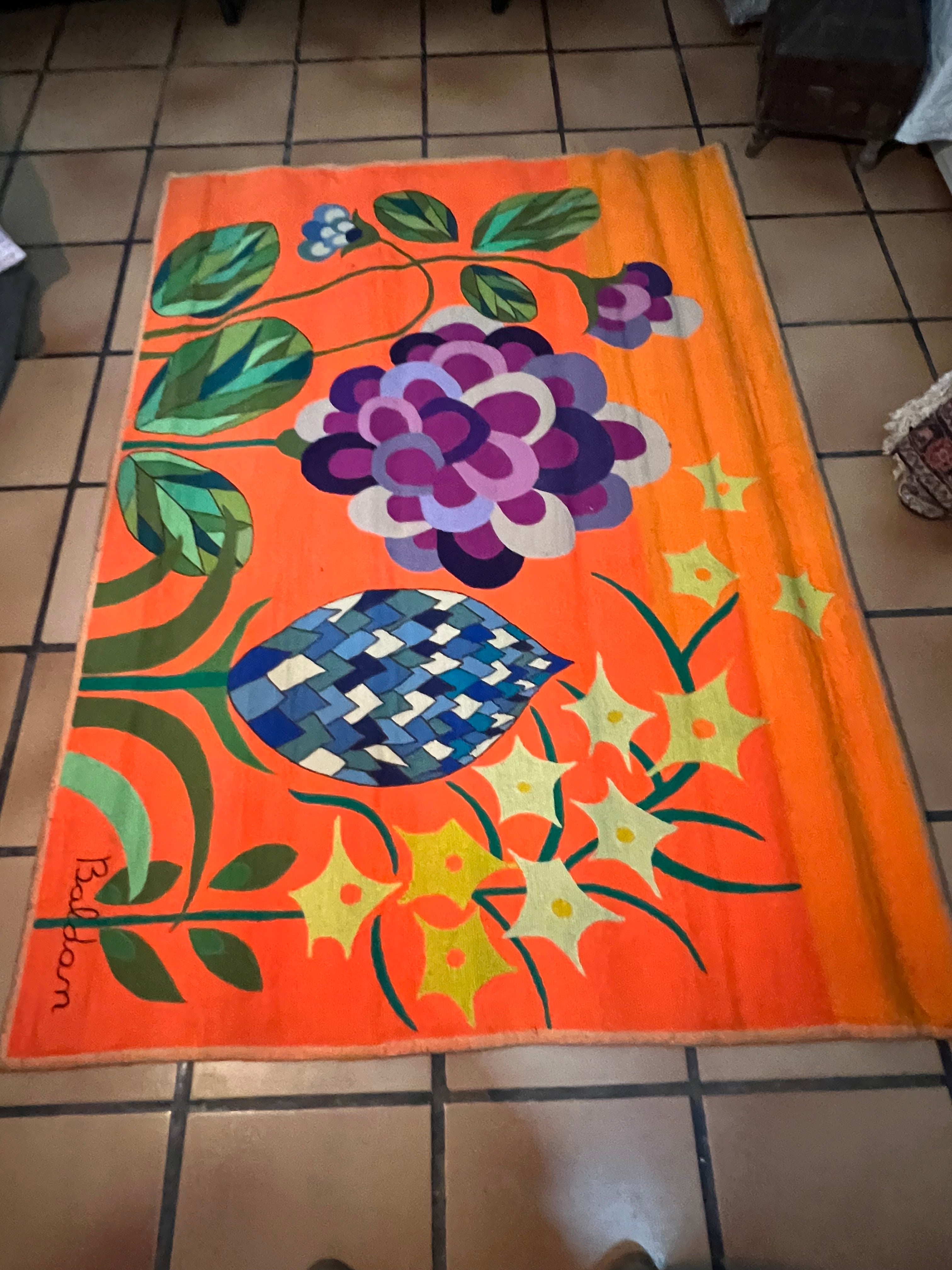  Tapeçaria Vintage Assinada Baldan – Anos 70 – Floral Laranja Grande