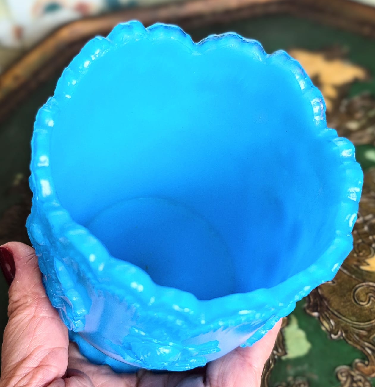  Porta colheres (spooner) antigo (1890) e raro em opalina azul da icônica Dithrige &amp; Co, no padrão Rose Wreath.