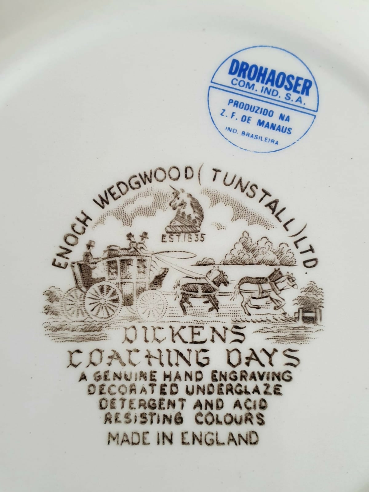 Conjunto impecável de 12 pratos de sobremesa em faiança vintage Enoch Wedgwood Tunstall, modelo sépia do Dickens Coaching Days, com selo Drohaoser. Lindíssimo!