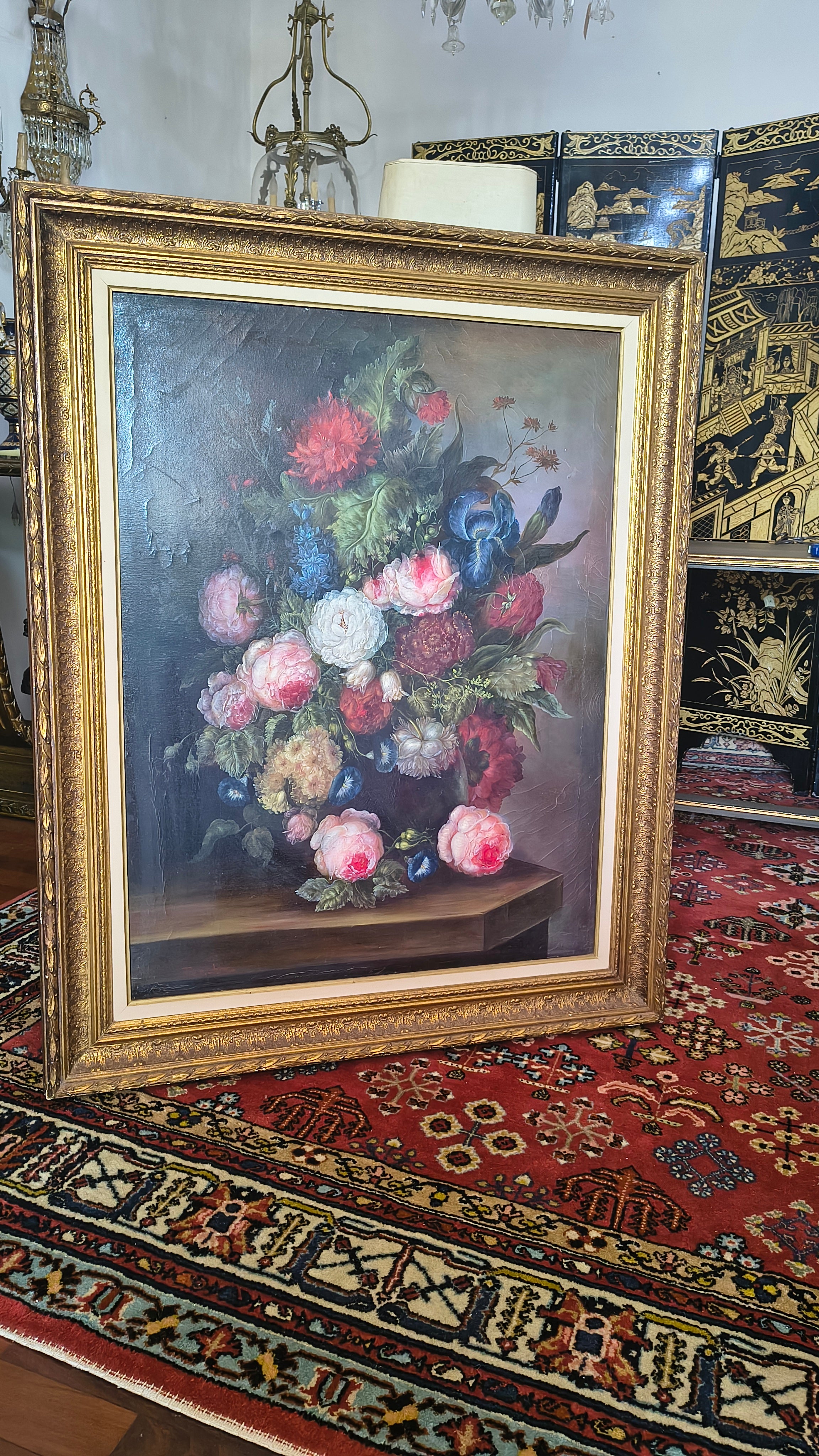Quadro Josephine Benzet - Natureza Morta com flores (moldura dourada) 
