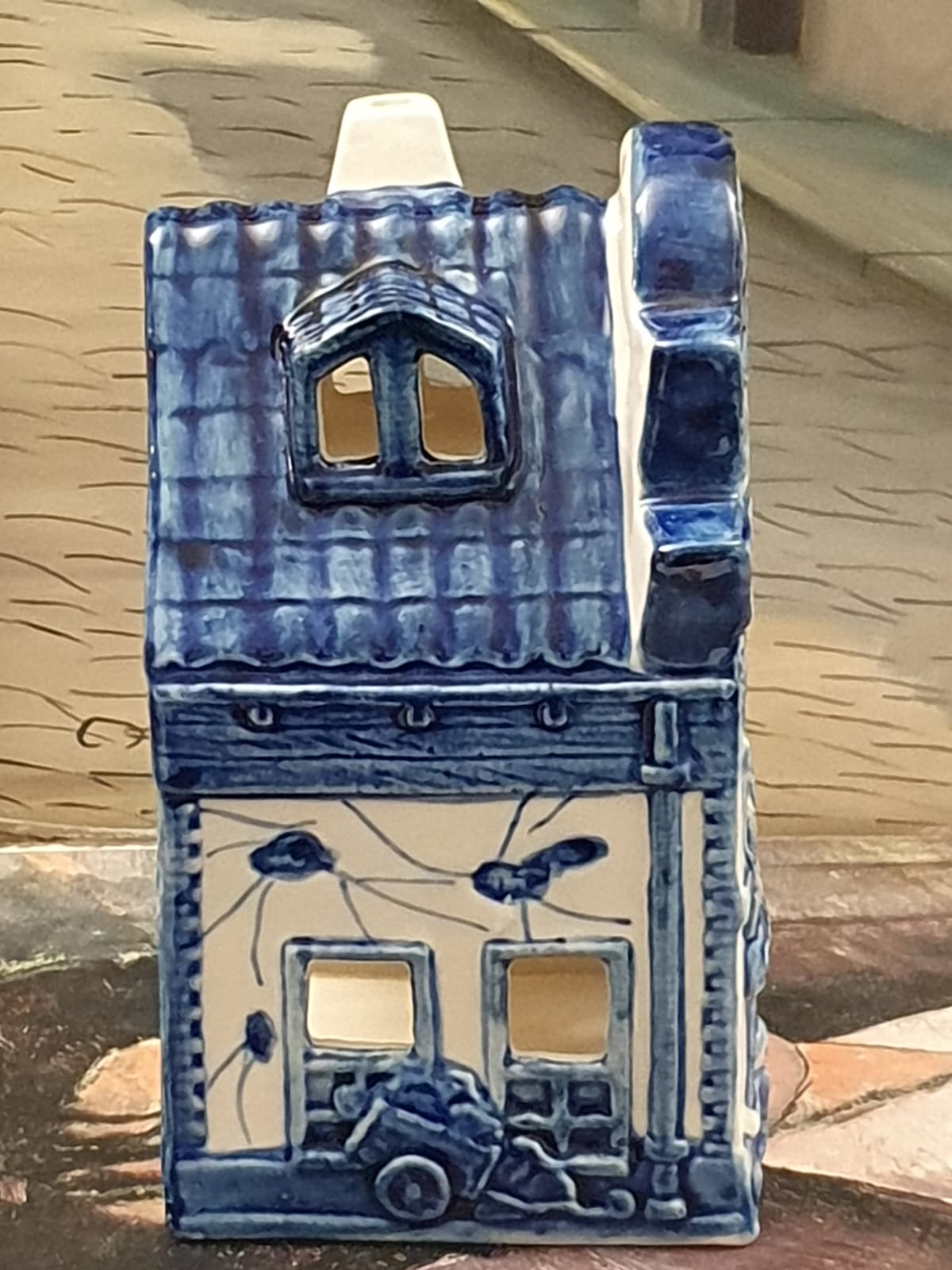 Casinha porta velas em porcelana holandesa azul e branca Delft, prédio de padaria (Bakery), no 1699