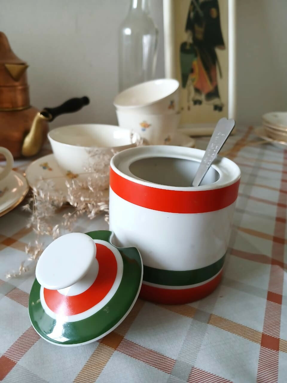 Açucareiro Vintage em Porcelana Steatita Paraná – Listrado Verde e Laranja | Década de 70/80