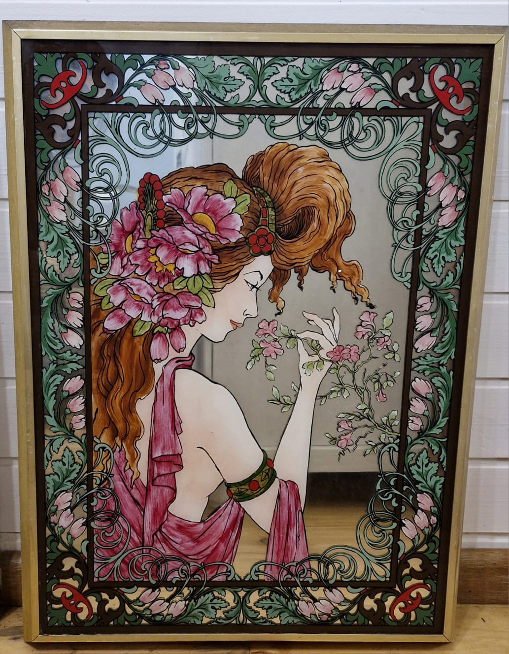 Magnífica e antiga pintura estilo Art Nouveau sobre espelho