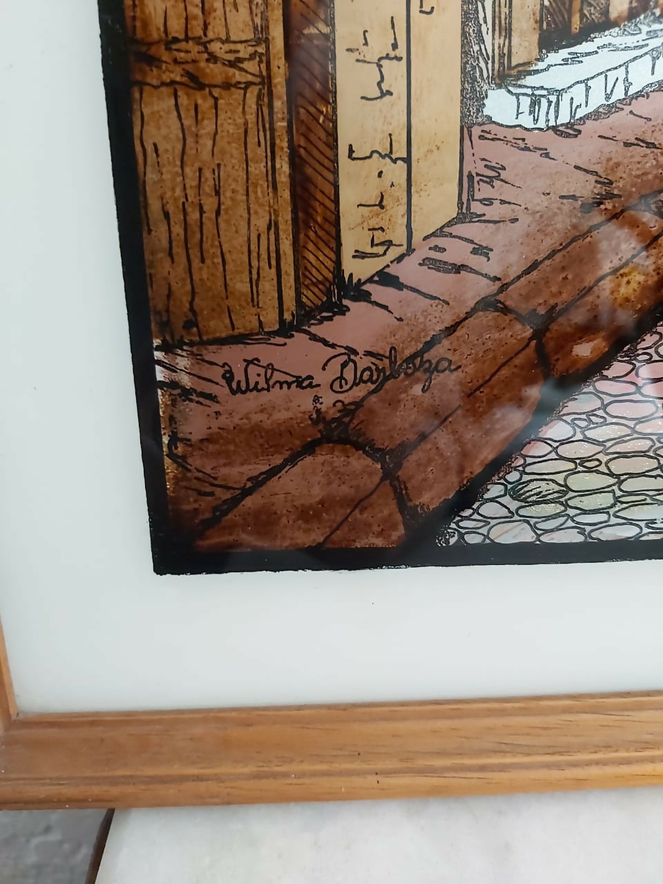 Quadro com pintura casario em espelho, anos 80.