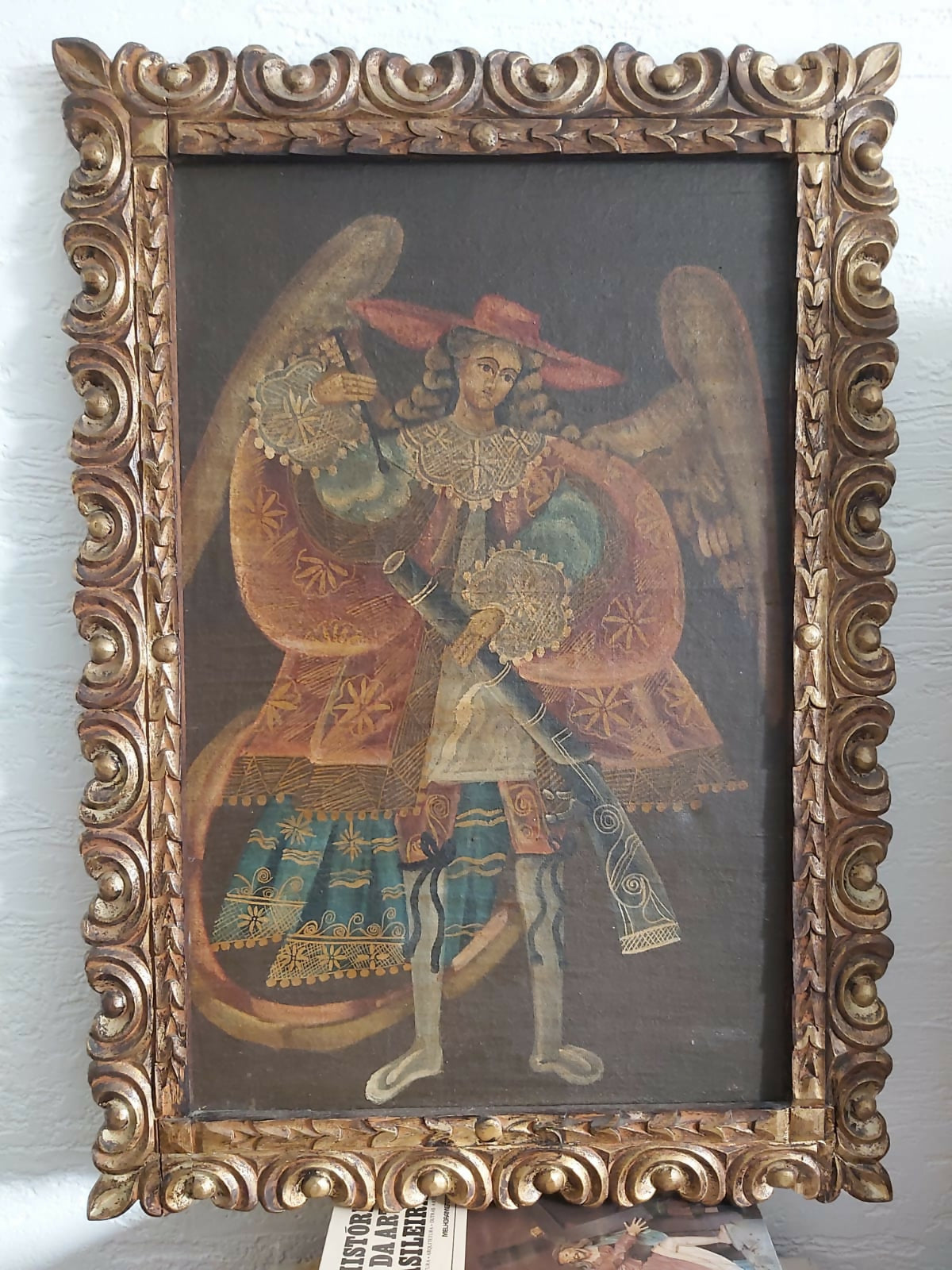 Quadro pintura, óleo sobre tela, representando São Miguel Arcanjo, escola Cusquenha.