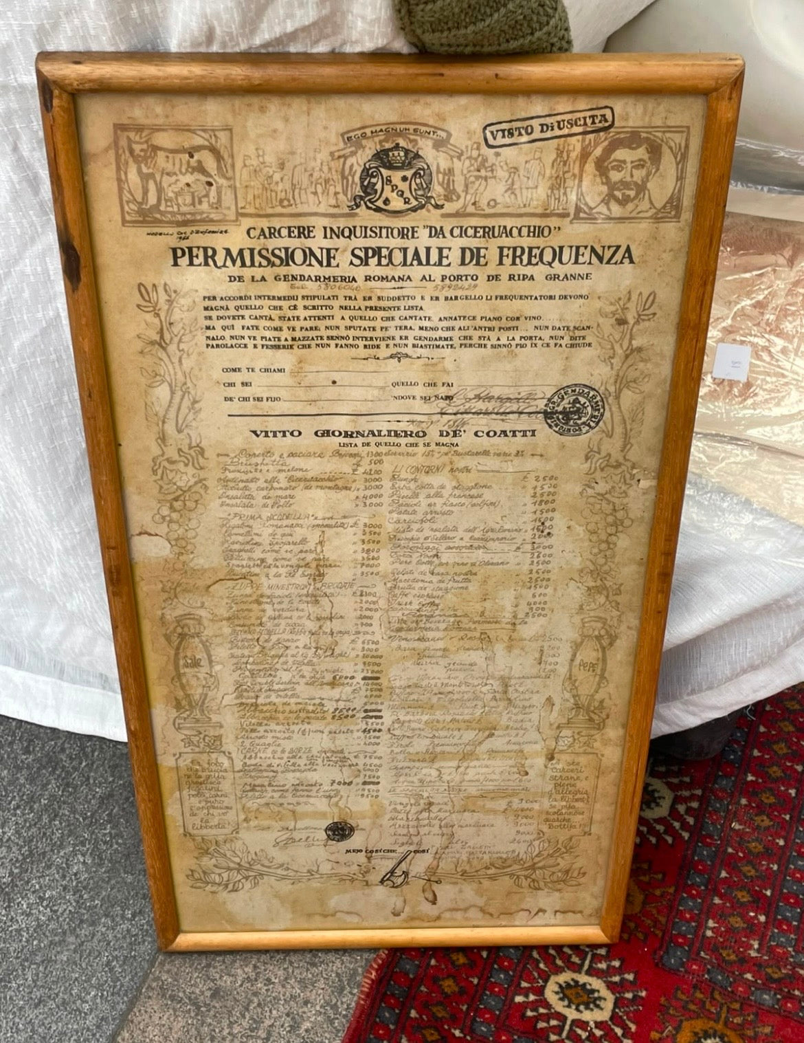 Quadro com Cardápio italiano temático antigo com moldura em madeira 