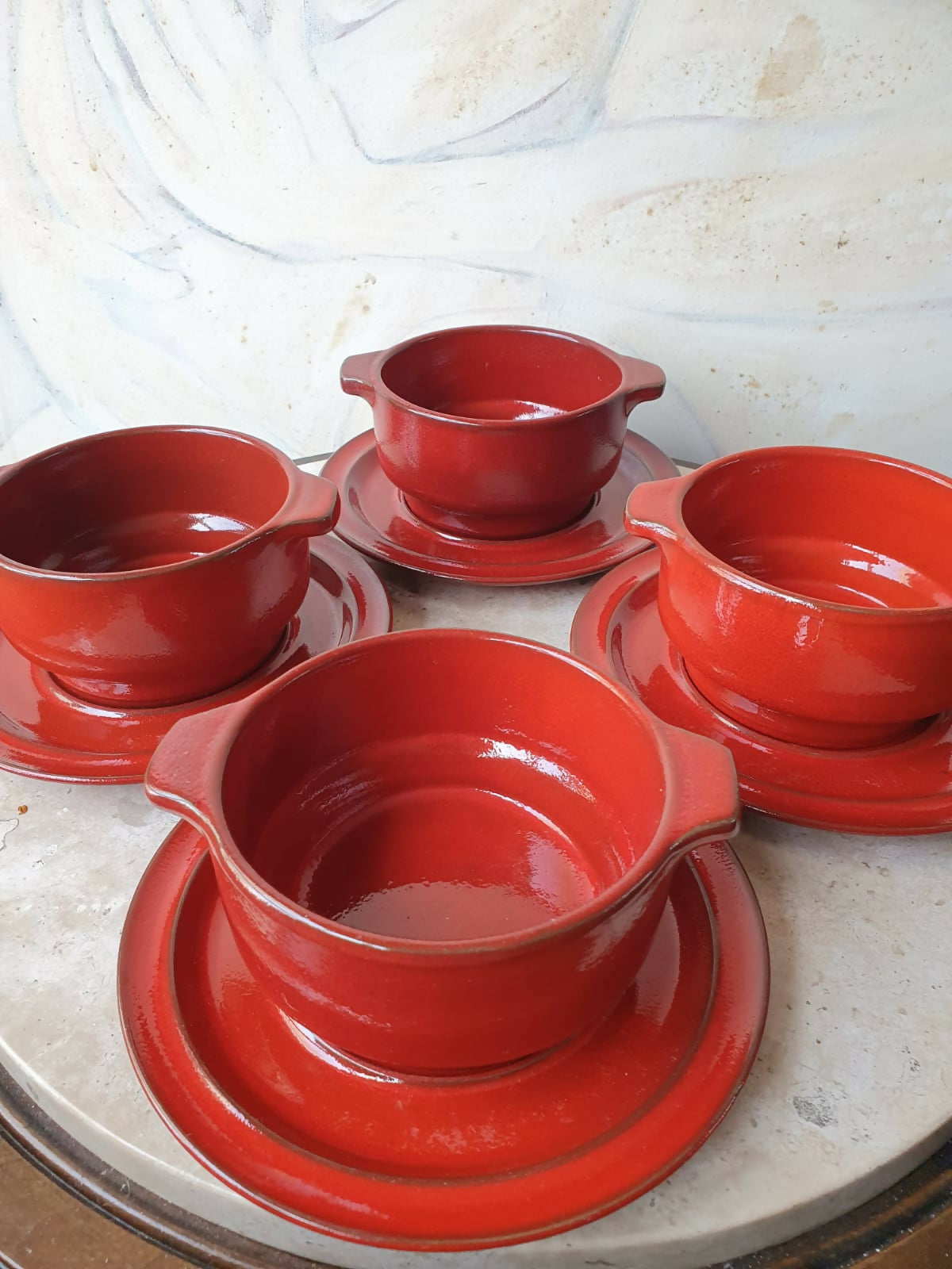 Conjunto de 4 consomês alemães em cerâmica vitrificada Waku. Lindas!