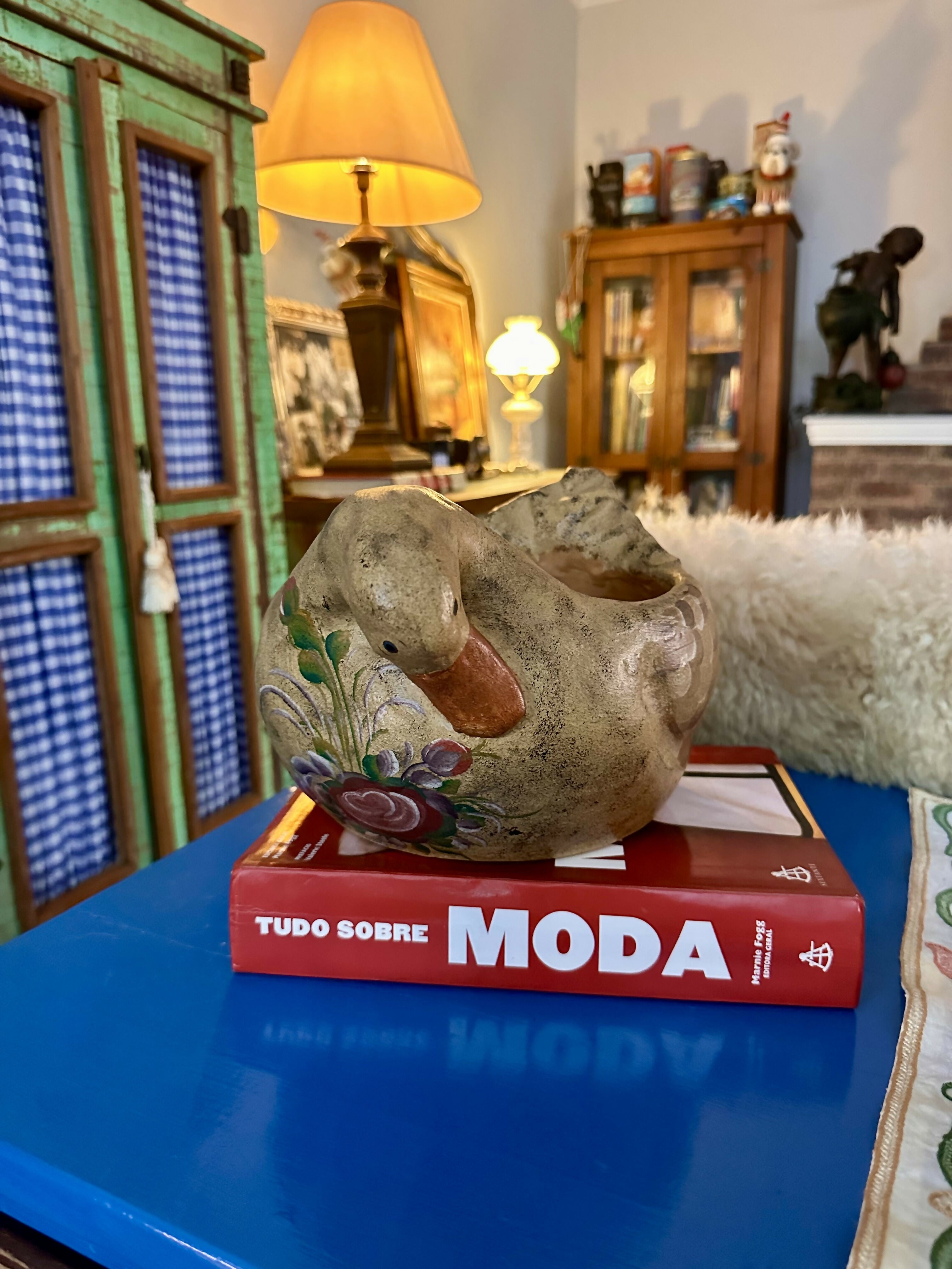 Pato - Maravilhosa e perfeita pata floreira vintage grande em barro com linda pintura alemã Bauernmalerei