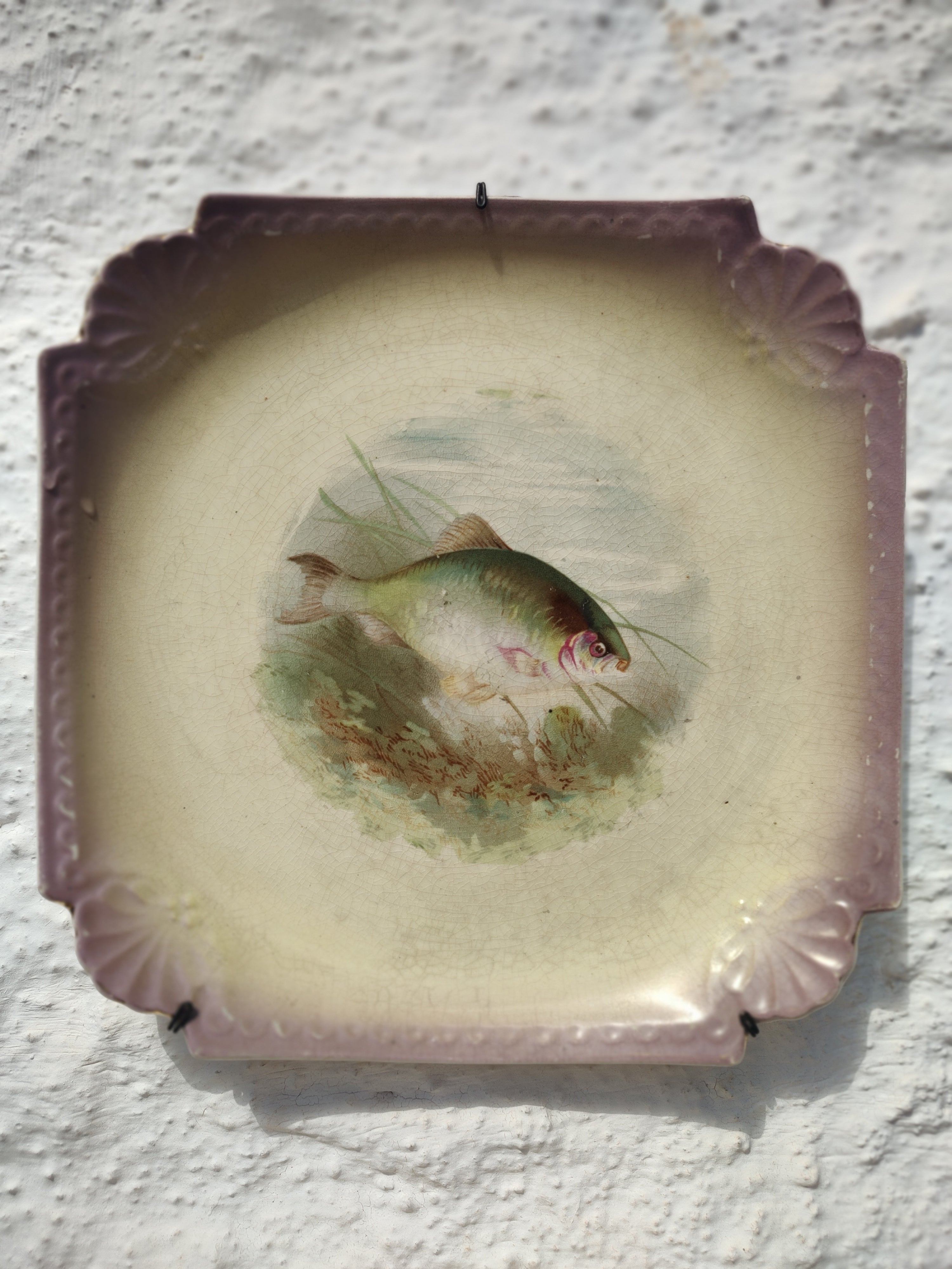 Raro e centenário conjunto de Pratos Decorativos com pequena travessa em Porcelana Alemã Royal Bonn com pinturas de peixes feita à mão