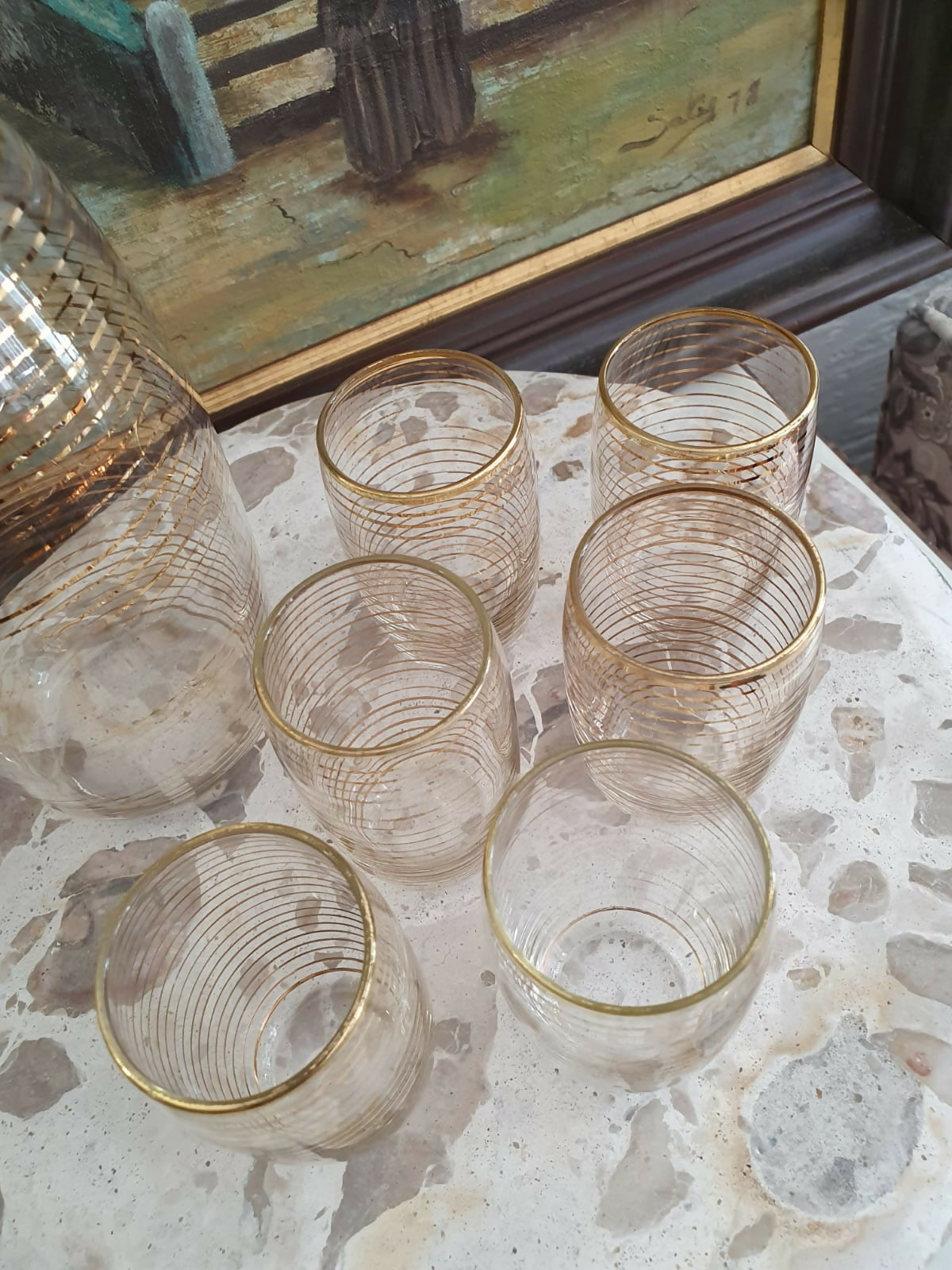 Conjunto de licoreira e 6 copinhos em vidro dos anos 50, lindos e perfeitos. Lindo!